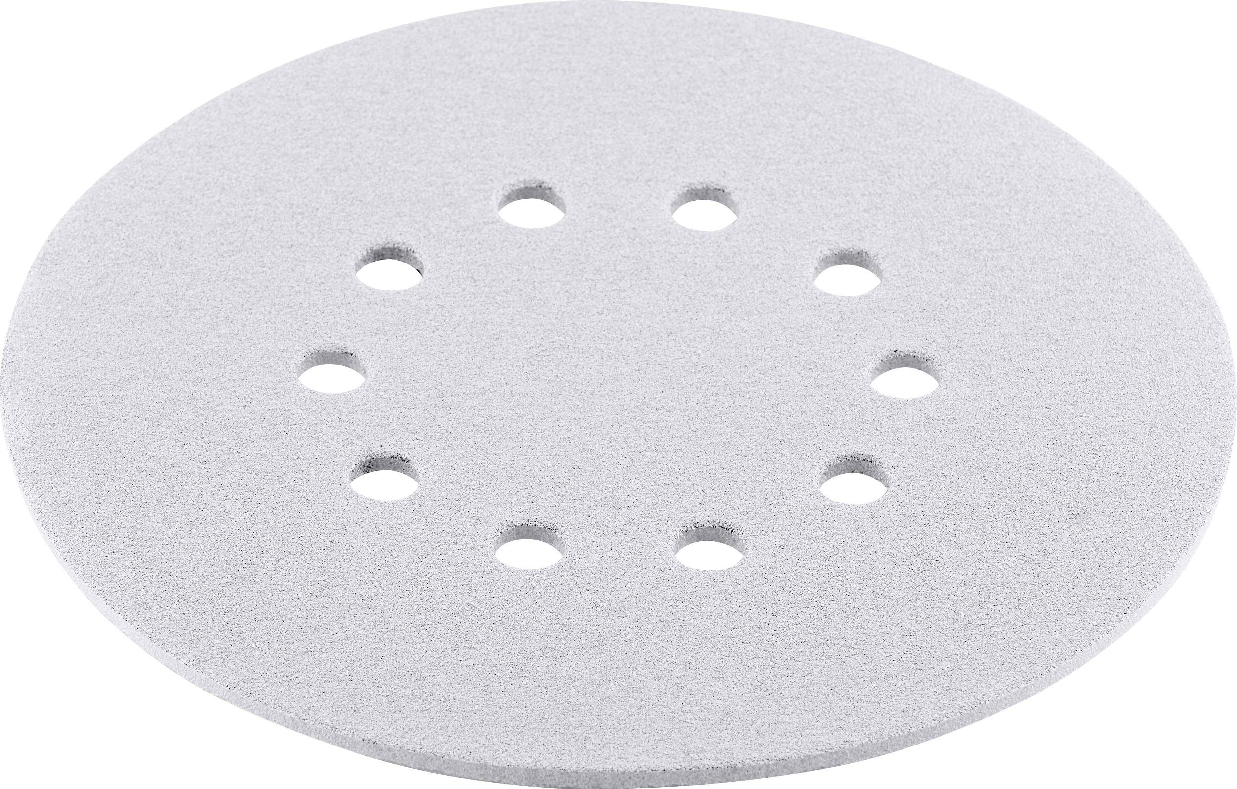 A circular grinding disc with nine evenly distributed holes.