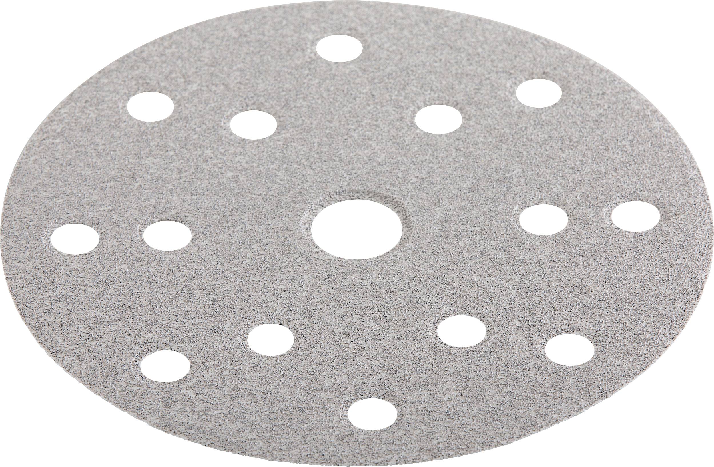 Round grinding disc with a central hole and several distributed holes for dust extraction, grey and coarse-grained.