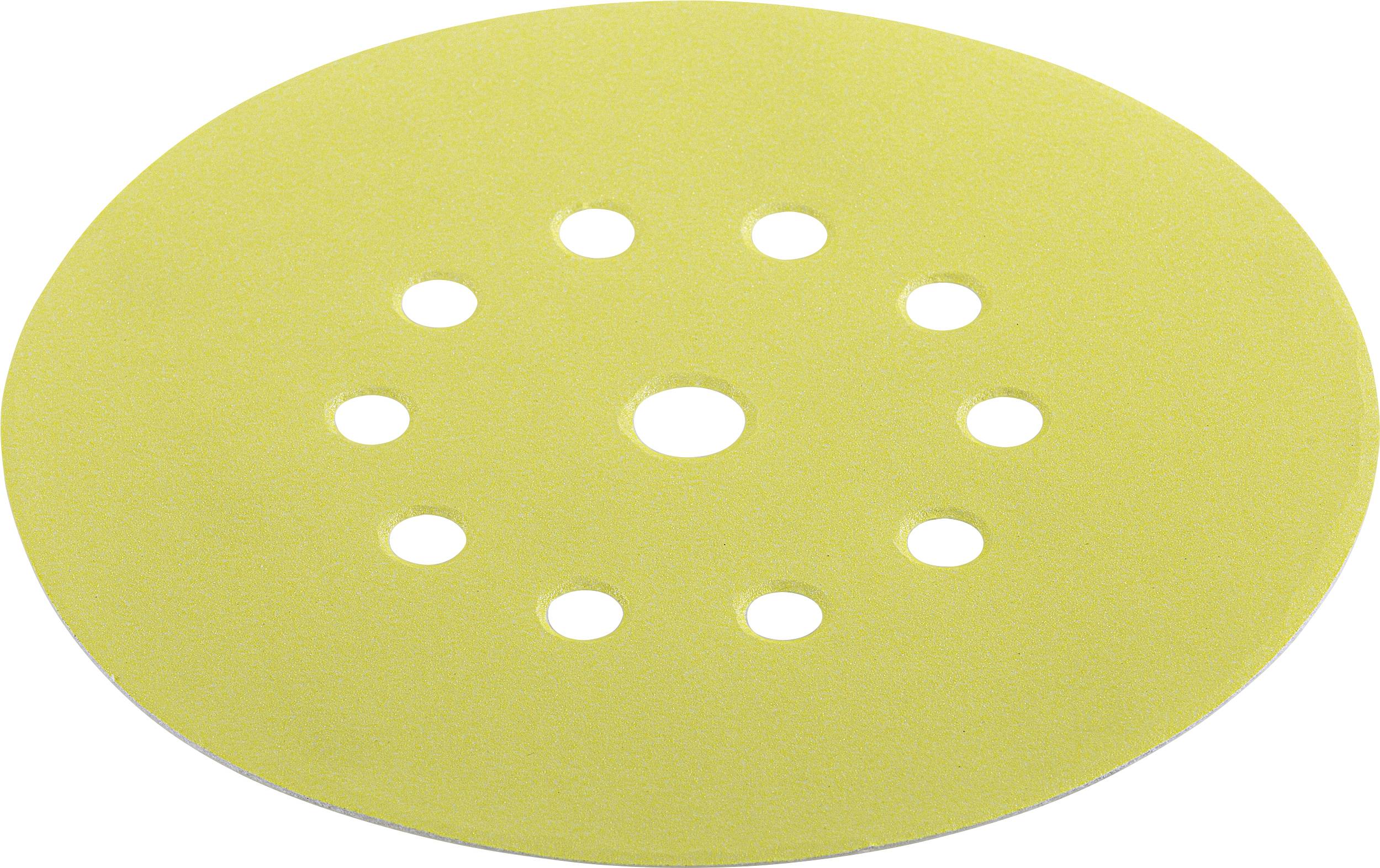 Yellow round sanding disc with nine holes for dust extraction, used in grinding equipment for surface treatment.