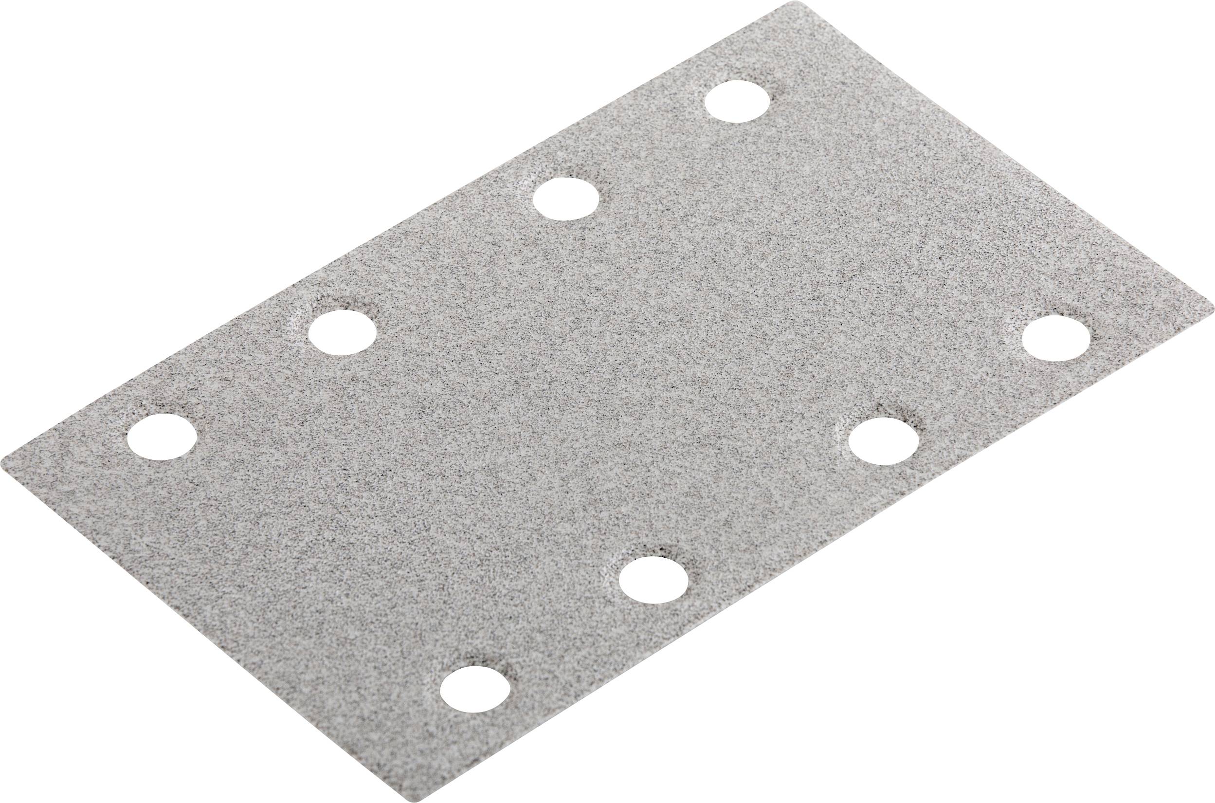 A rectangular sandpaper with eight evenly distributed holes is used for sanding surfaces.