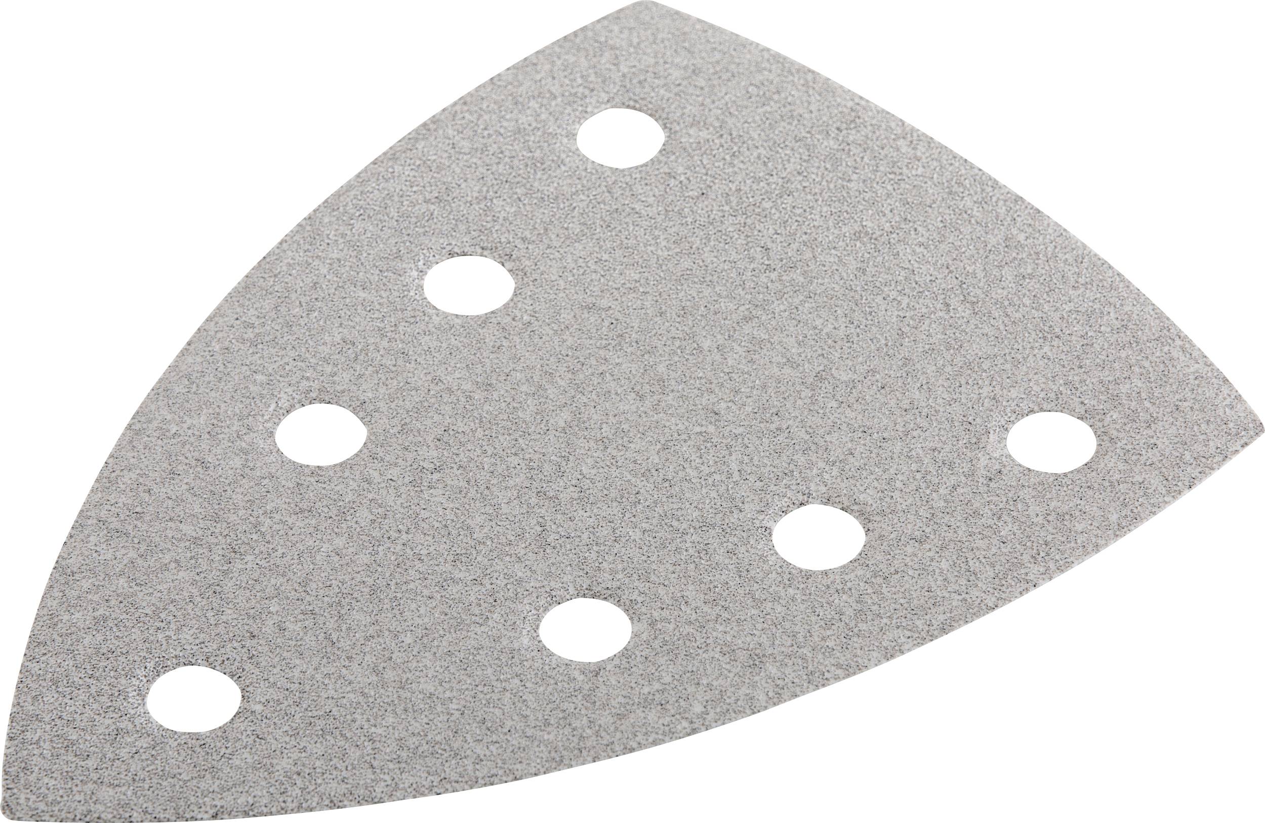 Triangular sandpaper with seven round holes, suitable for delta sanders, on a white background.