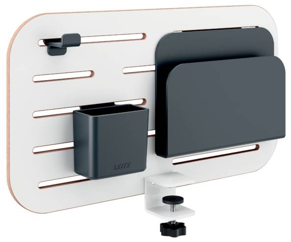 Wall organiser with horizontal slots. Contains black pen holder and document compartment. Mountable with clip on desk edges.