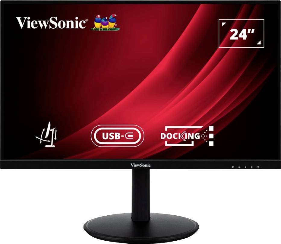 ViewSonic monitor with a 24-inch screen, USB-C port and docking function displayed on a red background.