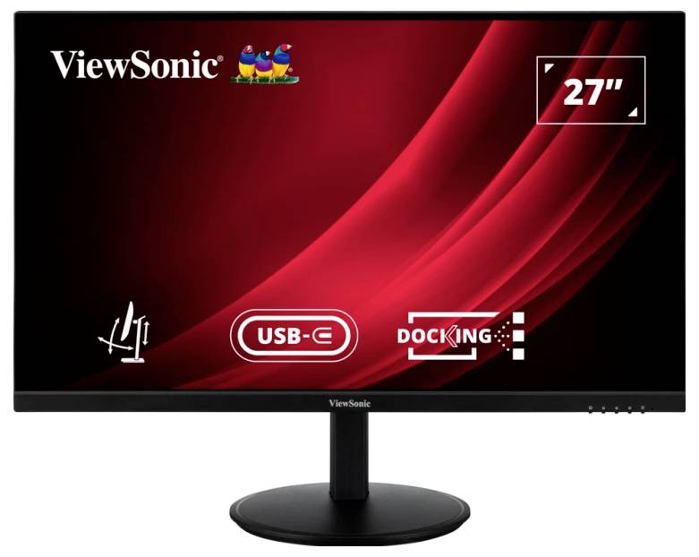 A 27-inch monitor from ViewSonic with a USB-C port and docking function. The screen displays a red, curved design.
