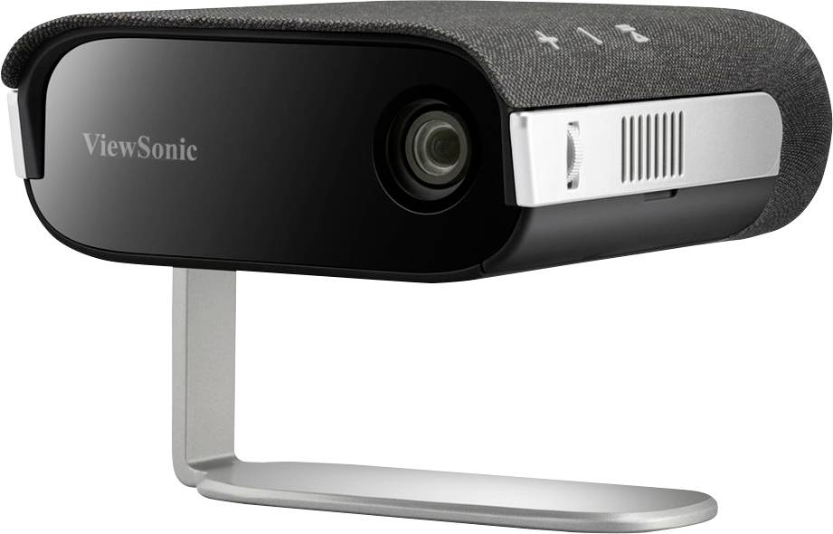 Portable projector with a stylish design, mounted on a metal stand, offering a home cinema experience. 'ViewSonic' brand displayed on the front.