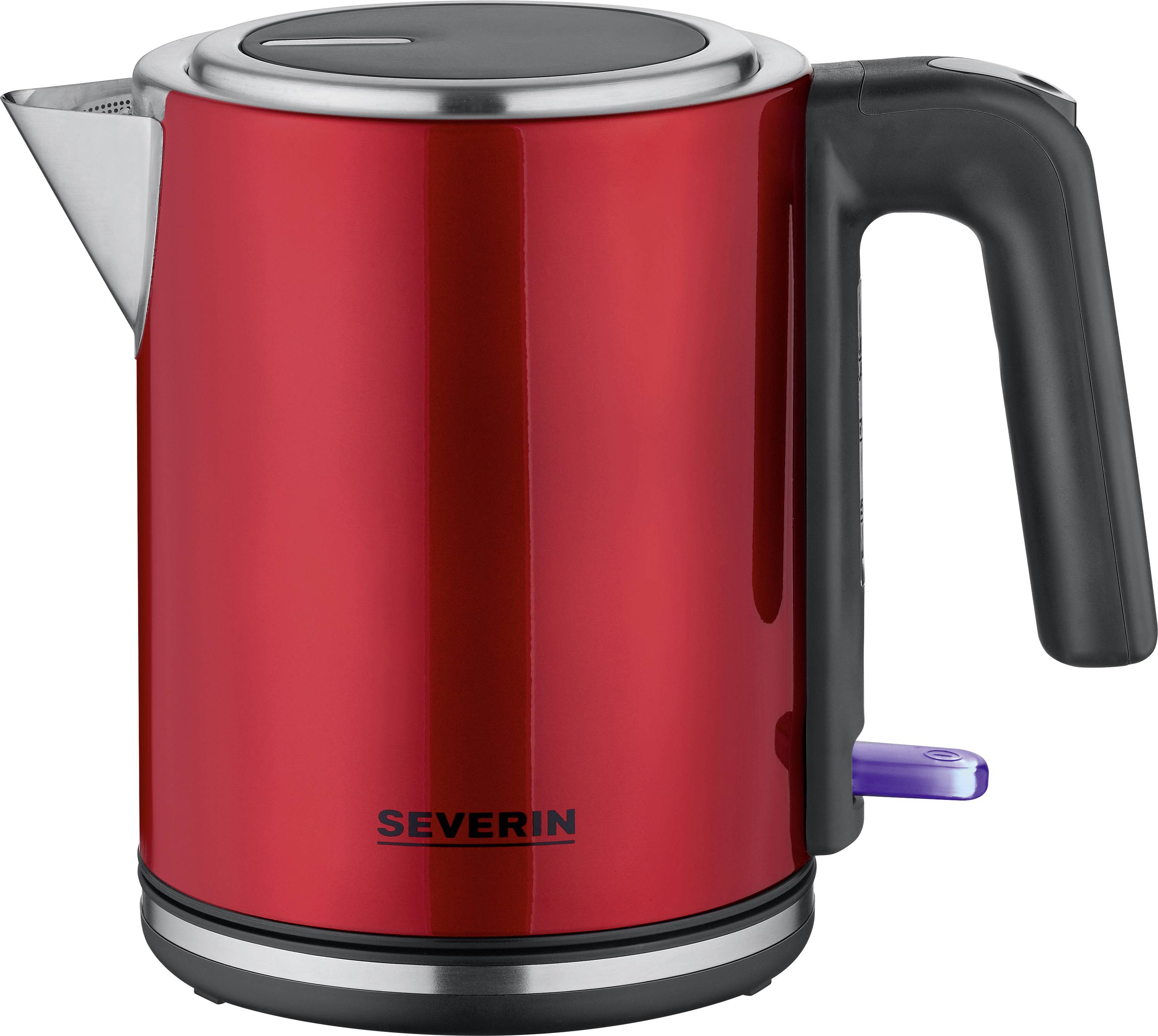 A red kettle with a black handle and silver spout is shown against a white background.