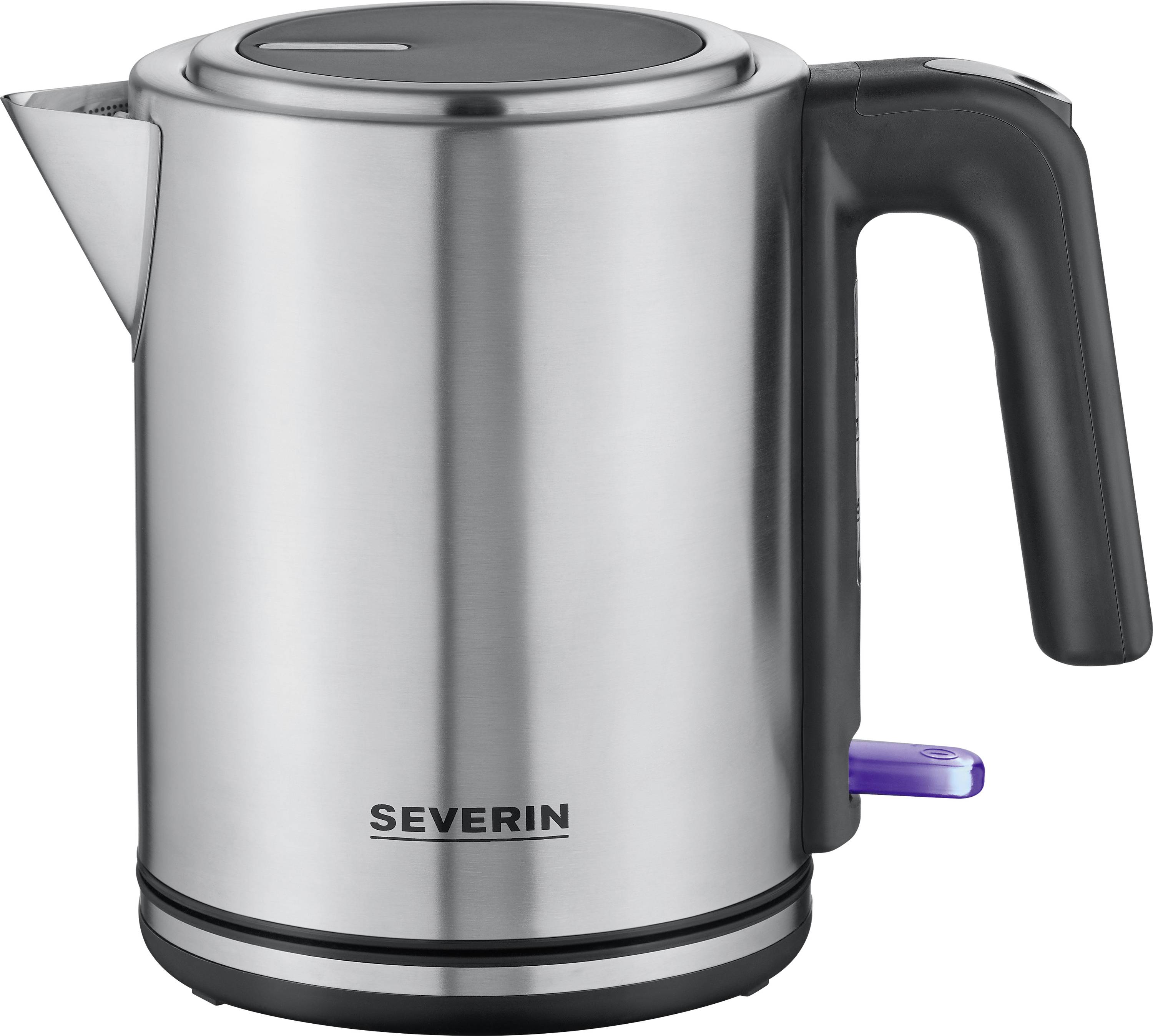 A silver electric kettle with a black handle, brand Severin. Elegant design, suitable for modern kitchen decor.
