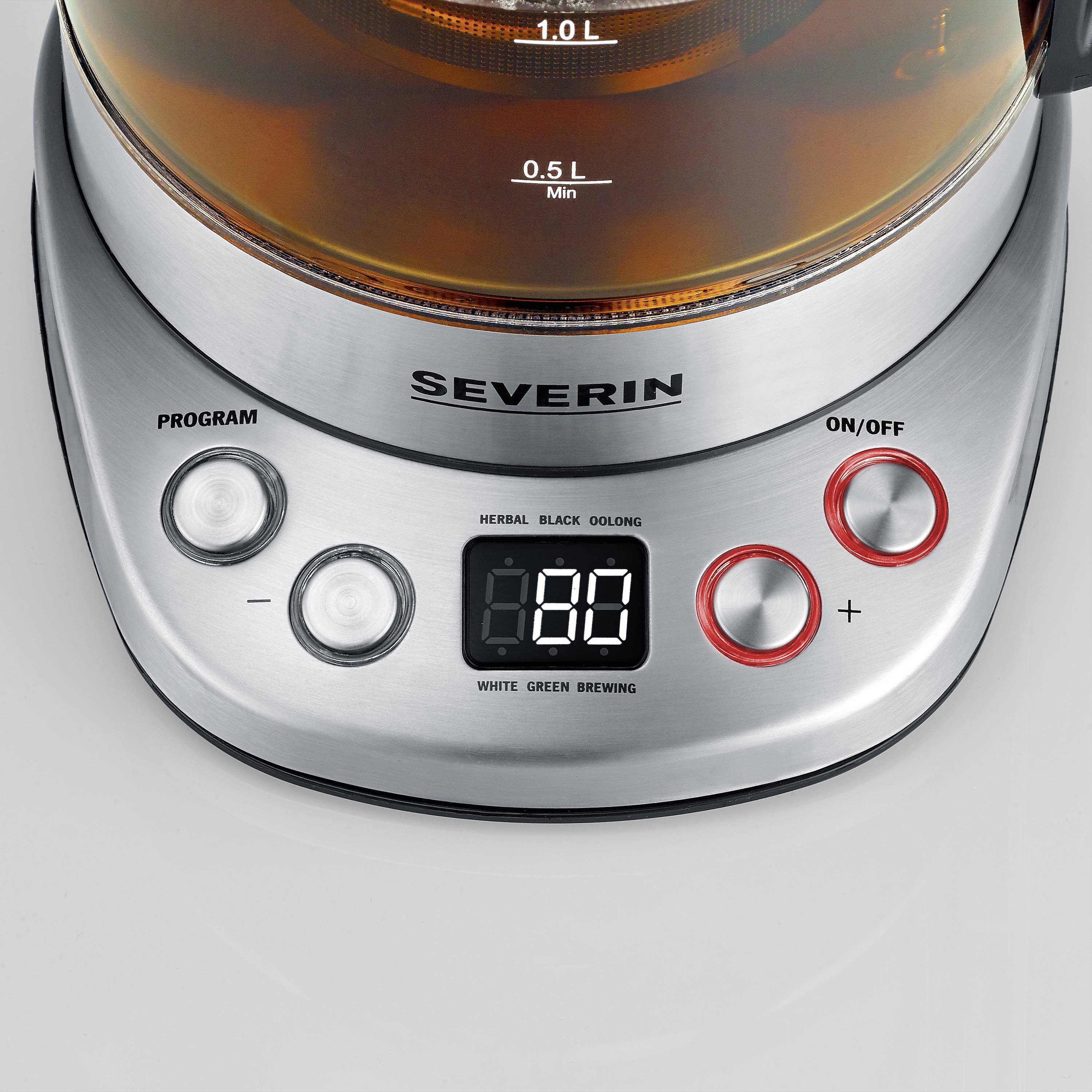 A silver electric kettle with a digital display showing '80' and control buttons for programme, on/off, and temperatures. Maximum fill capacity of 1.7 litres.