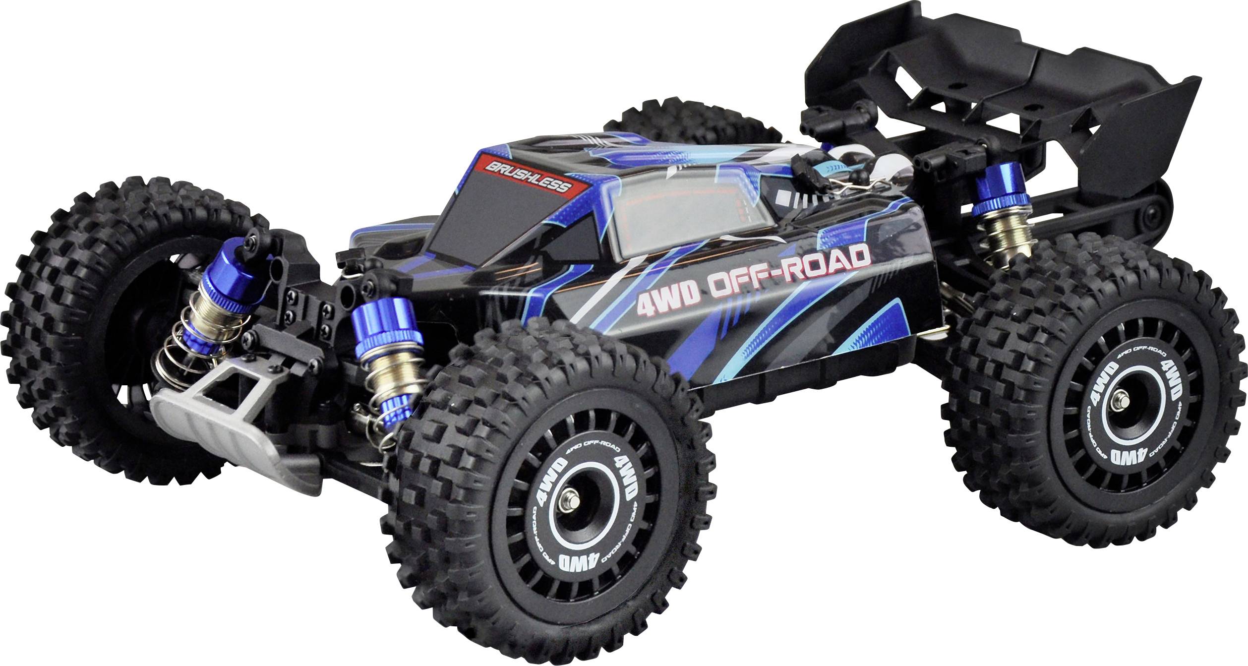 Remote-controlled 4WD off-road vehicle with large treaded tyres and suspension, ideal for rough terrain.
