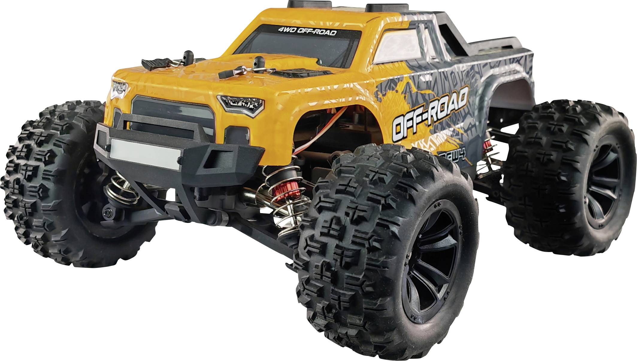A yellow off-road remote-controlled car with large tyres and a robust build, ideal for uneven terrain.