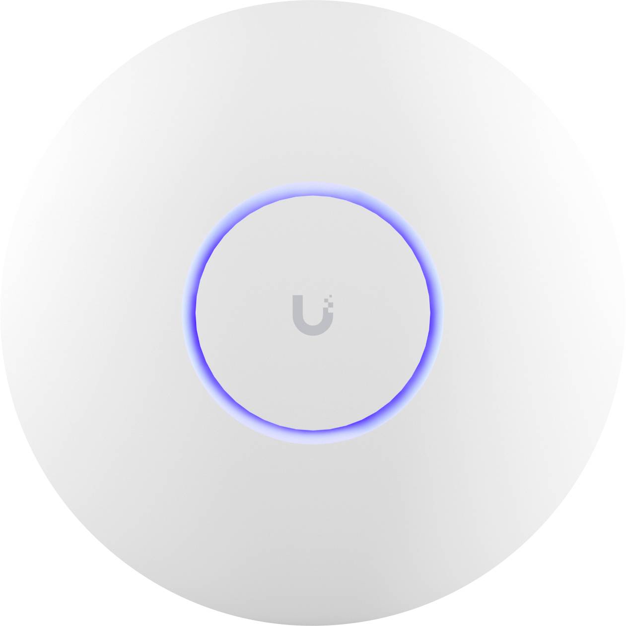 A white, round Wi-Fi access point with a blue-illuminated ring in the centre, suitable for extending a network indoors.