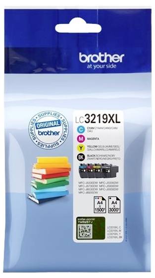 Packaging of Brother ink cartridge LC3219XL, compatible with various printer models. Contains cartridges in Cyan, Magenta, Yellow and Black colours.