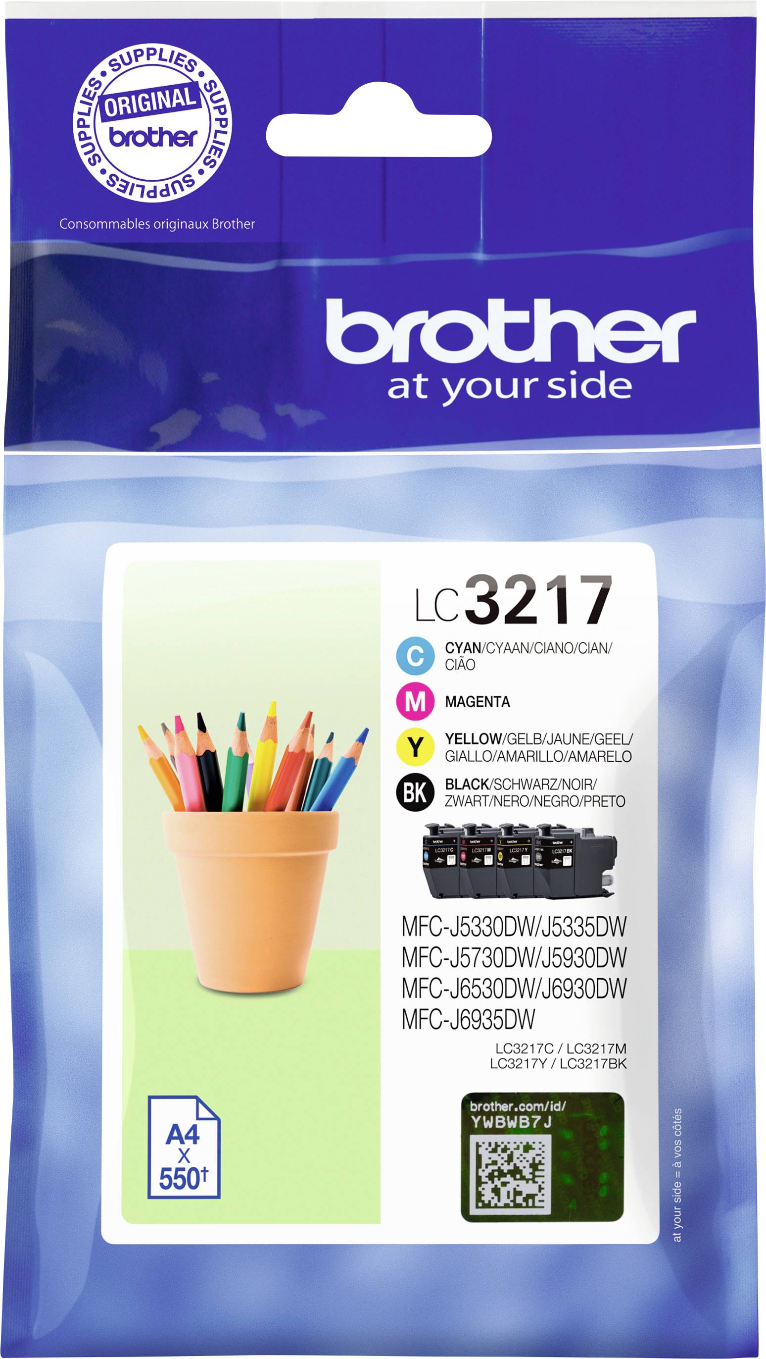 Packaging for a Brother printer cartridge, Model LC3217, compatible with various printer models, with a page yield of 550 pages.