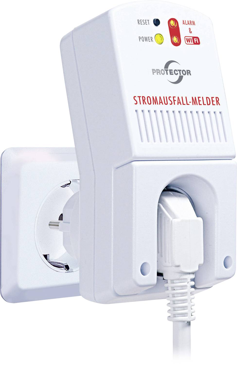 A power cut detector plugs into a socket. It has indicators for 'Reset', 'Power', 'Alarm' and 'WiFi'.