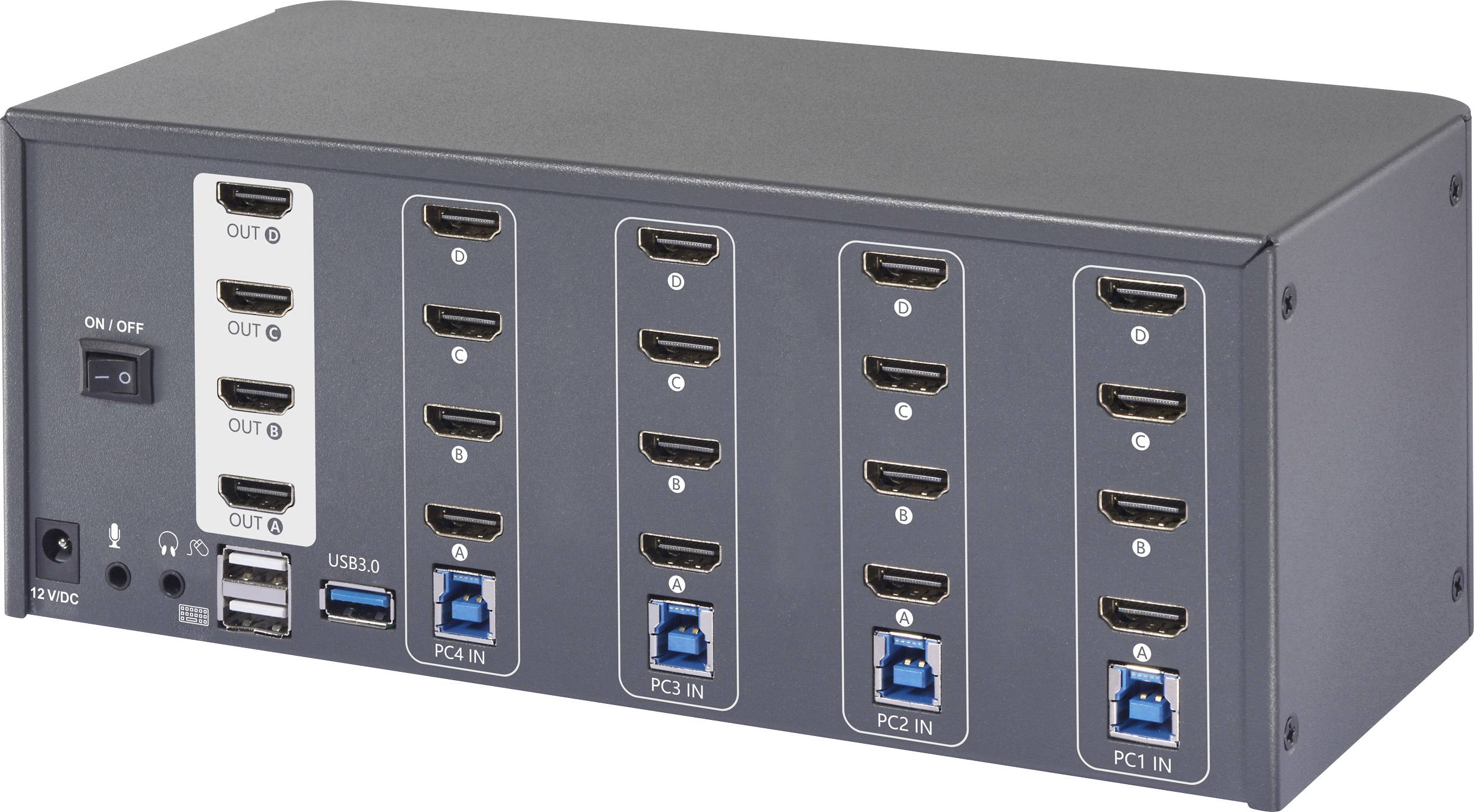 A black electronic device with multiple HDMI, USB, and PC interfaces, suitable for connecting and using with computers.