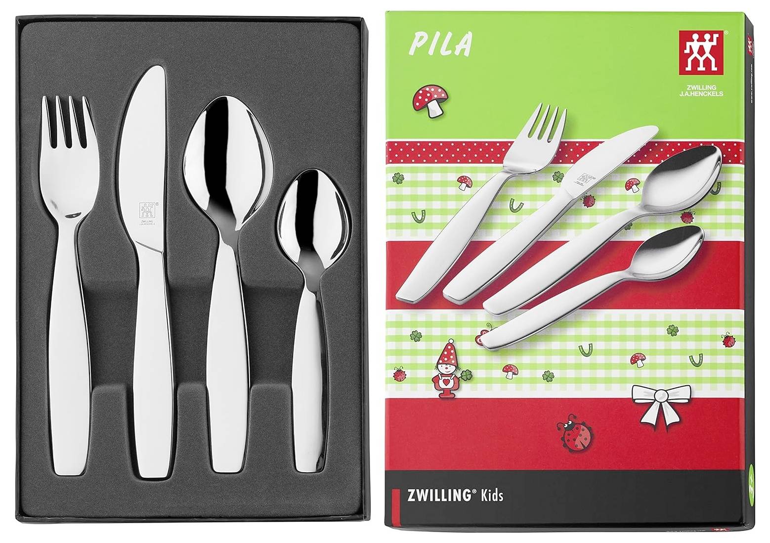 Children's cutlery set called 'Pila' by Zwilling, consisting of a fork, knife and two spoons in a gift box with a colourful design.