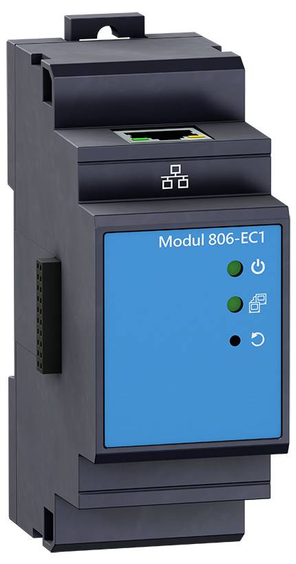 Electronic module with a blue front panel, labelled 'Module 806-EC1', and several coloured indicator lights on the front.