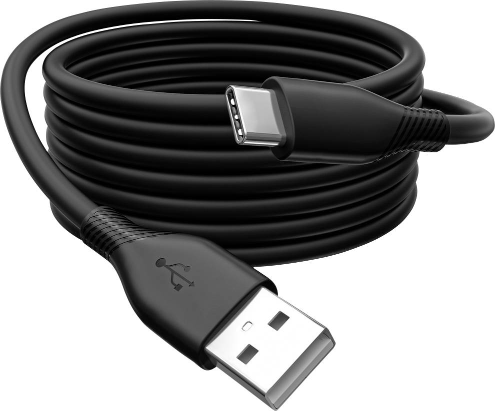 A coiled black USB-C cable with a USB-A plug at one end and a USB-C plug at the other end.