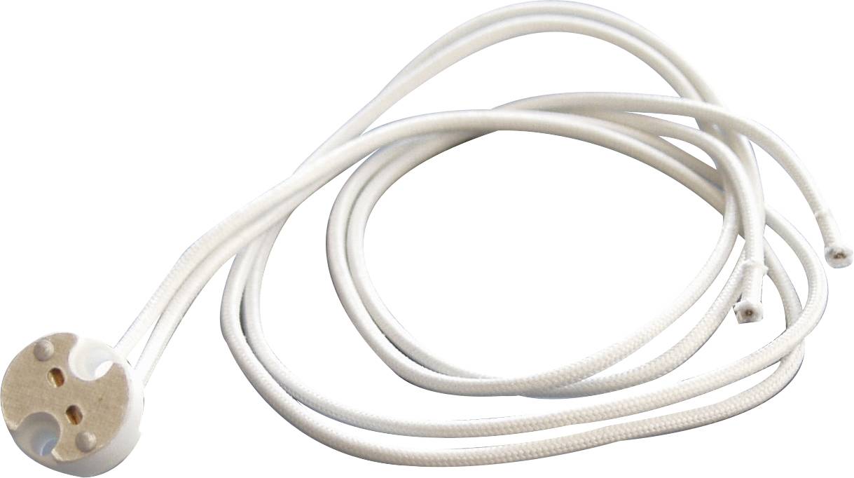 A white ceramic lamp base and cable set with two long connected wires, set against a neutral background.
