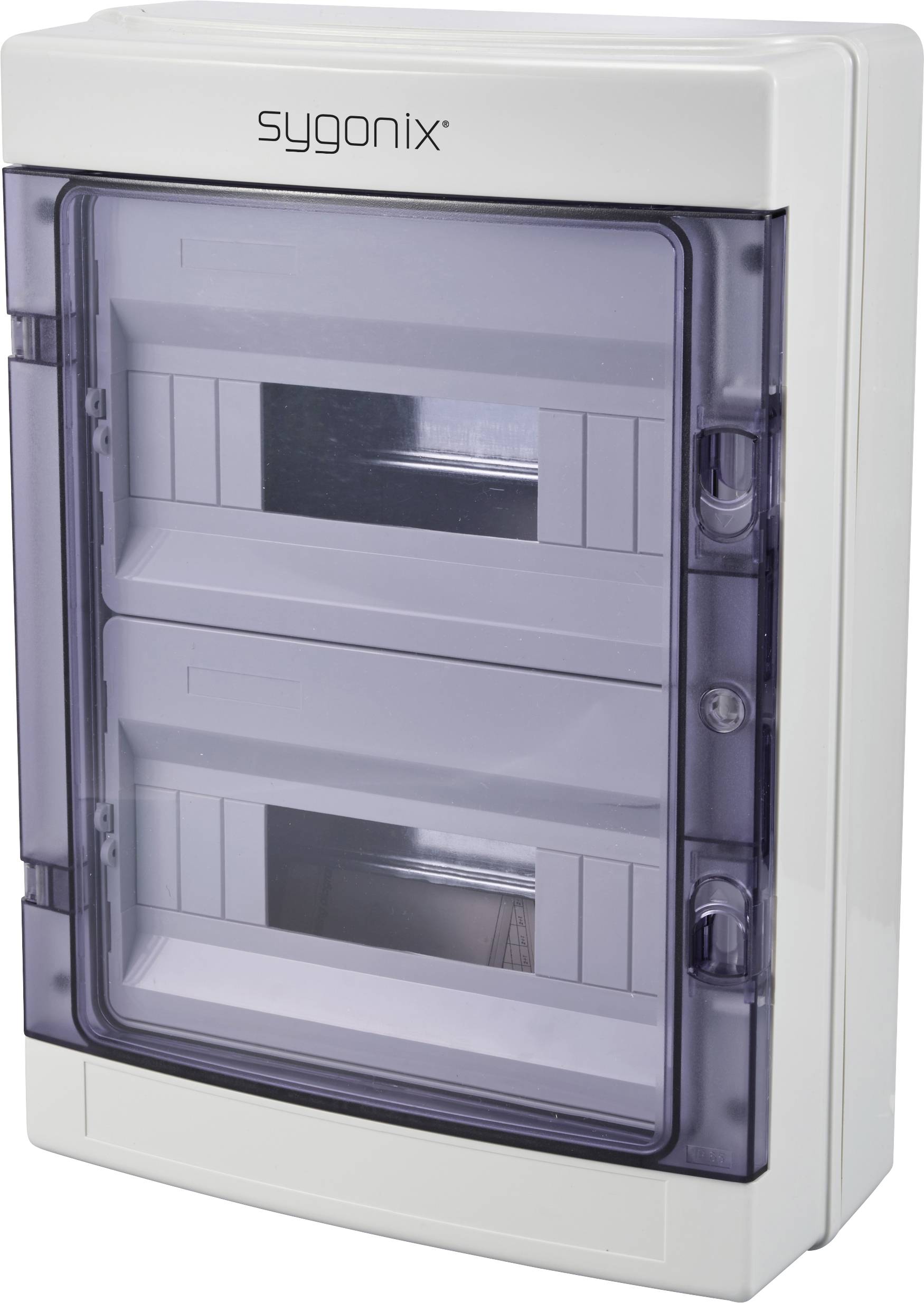Electrical consumer unit by Sygonix with two transparent covers.
