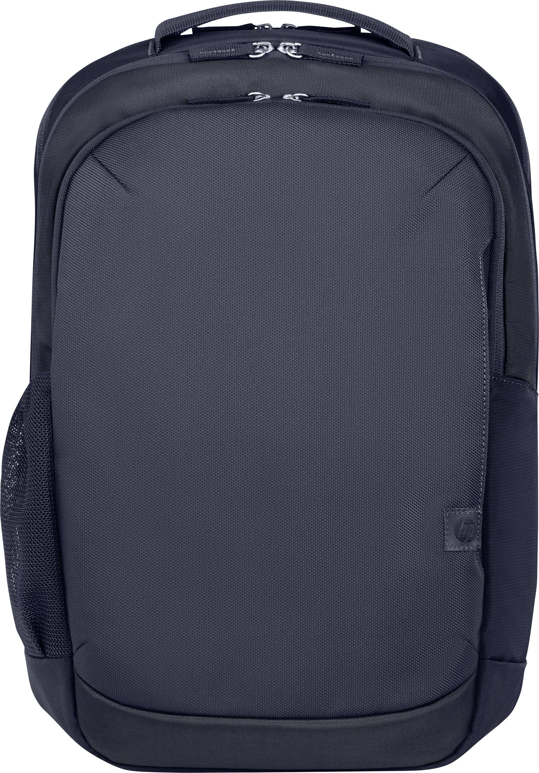 A black rucksack with a simple design, two zips at the top and a side mesh pocket.