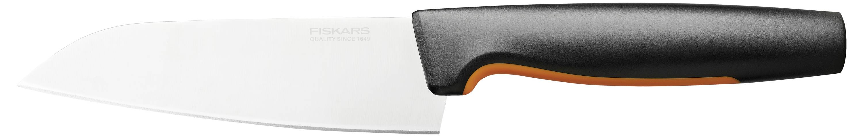 Chef's knife with a black handle and wide blade, suitable for cutting vegetables and meat in the kitchen.