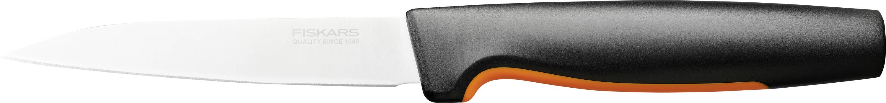 A kitchen knife with a white blade and black handle with an orange detail.