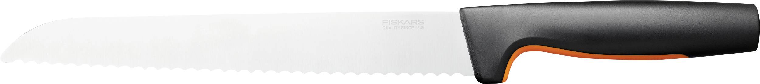 A serrated bread knife with a black handle and orange line, focusing on the blade and ergonomic handle design.