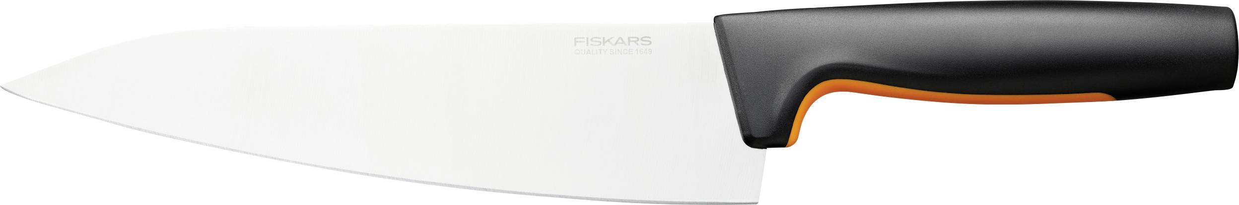 A large kitchen knife with a broad, gleaming blade and a black, ergonomic handle.