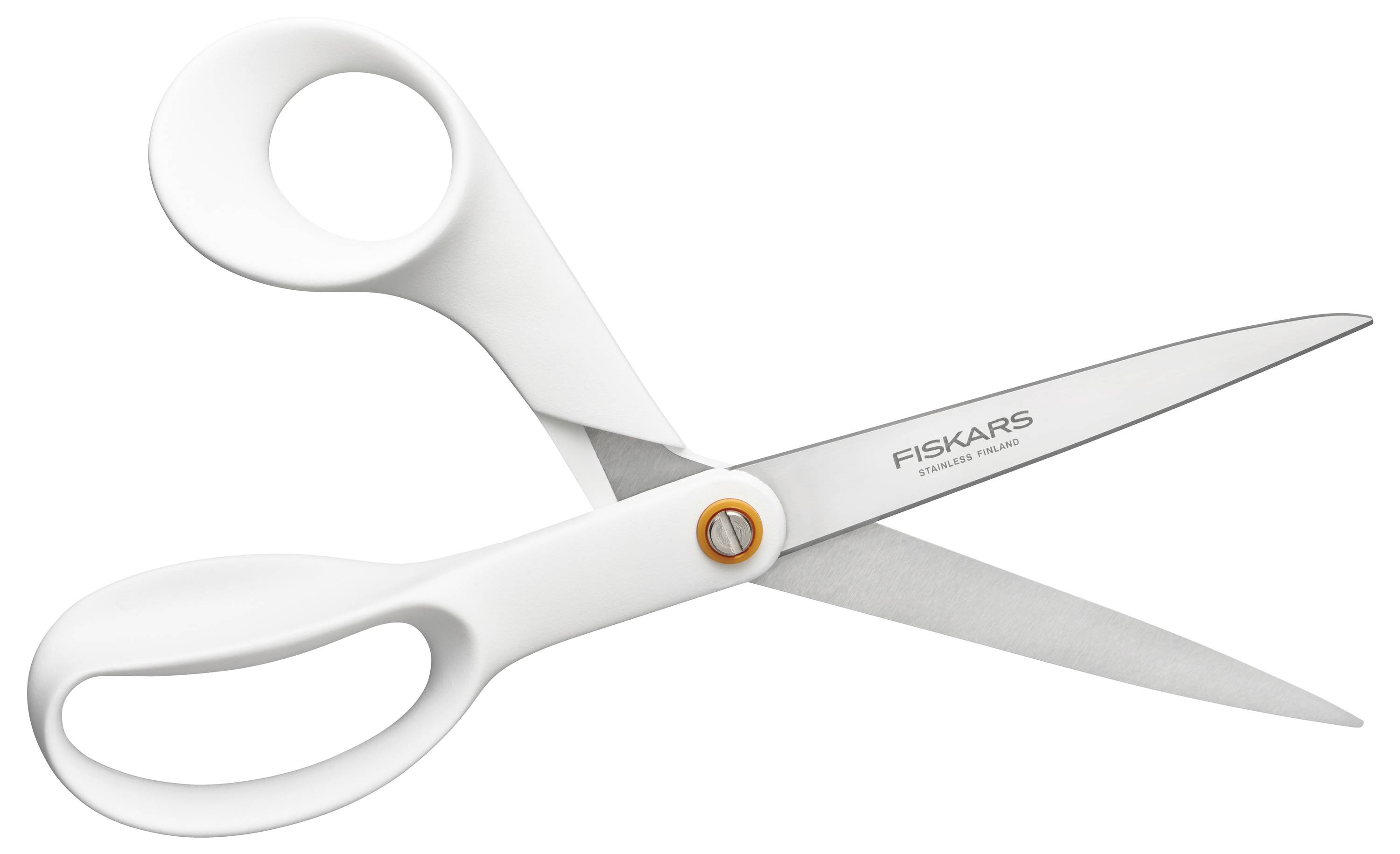 White scissors with ergonomic handles, slightly open. Brand name visible on the blade.