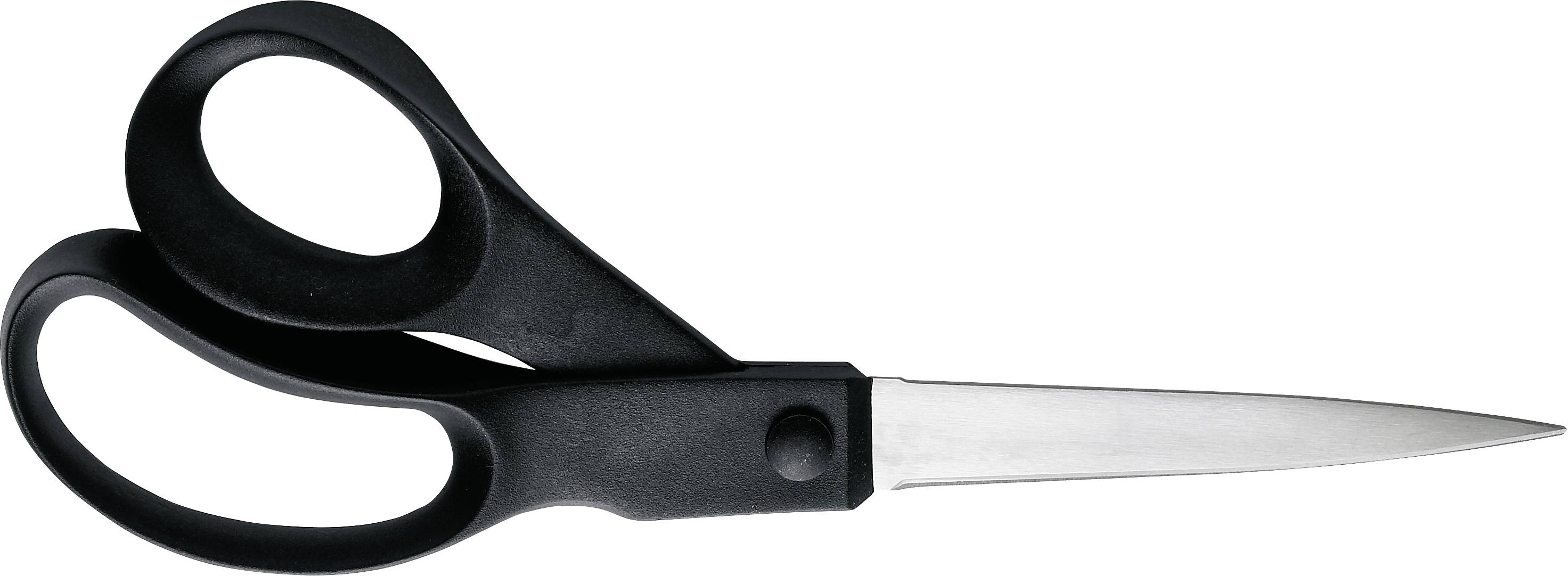 Black kitchen scissors with two handles and silver sharp blades on a white background.