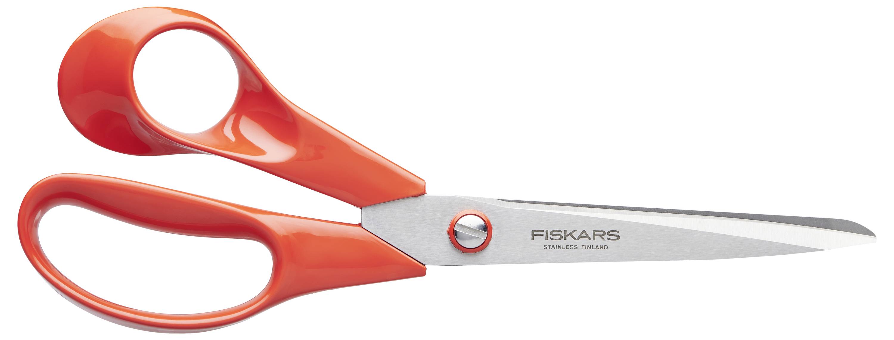 An orange pair of scissors with metal blades. The 'Fiskars' brand is engraved on the metal part.