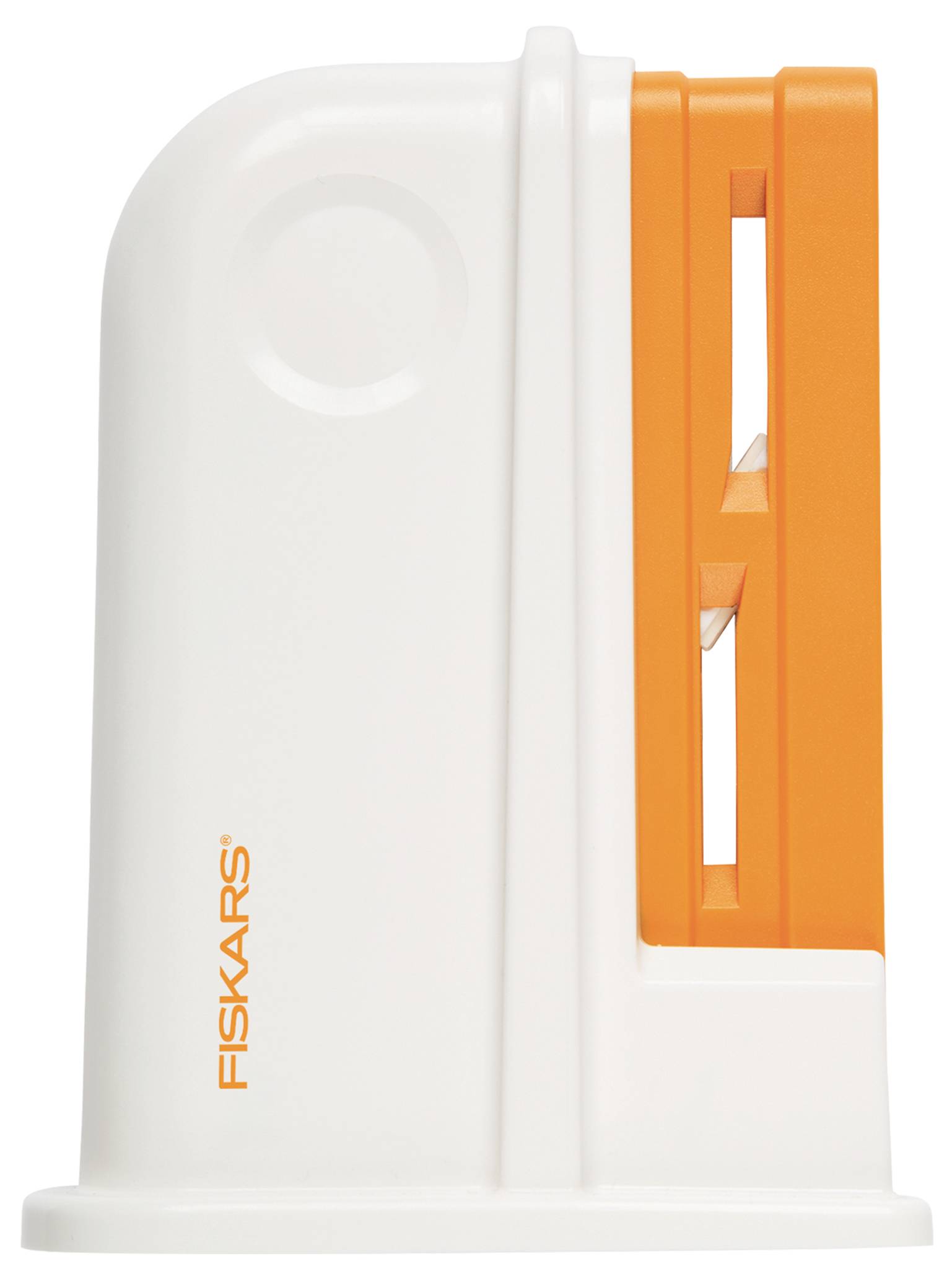White and orange knife and axe sharpener by Fiskars with two sharpening slots on the right side.