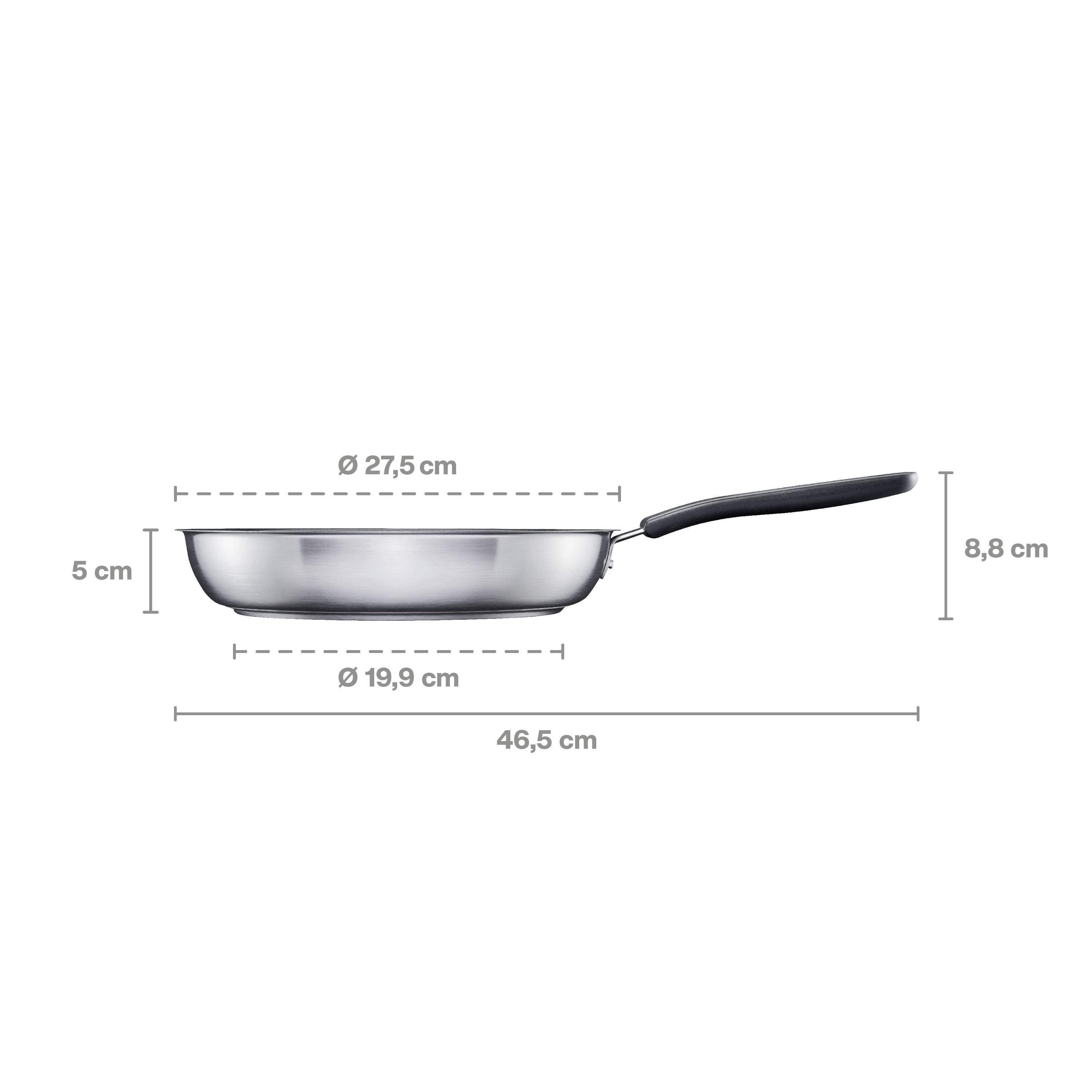 A frying pan with a diameter of 27.5 cm, height 5 cm. Total length with handle 46.5 cm, handle height 8.8 cm. Base diameter 19.9 cm.