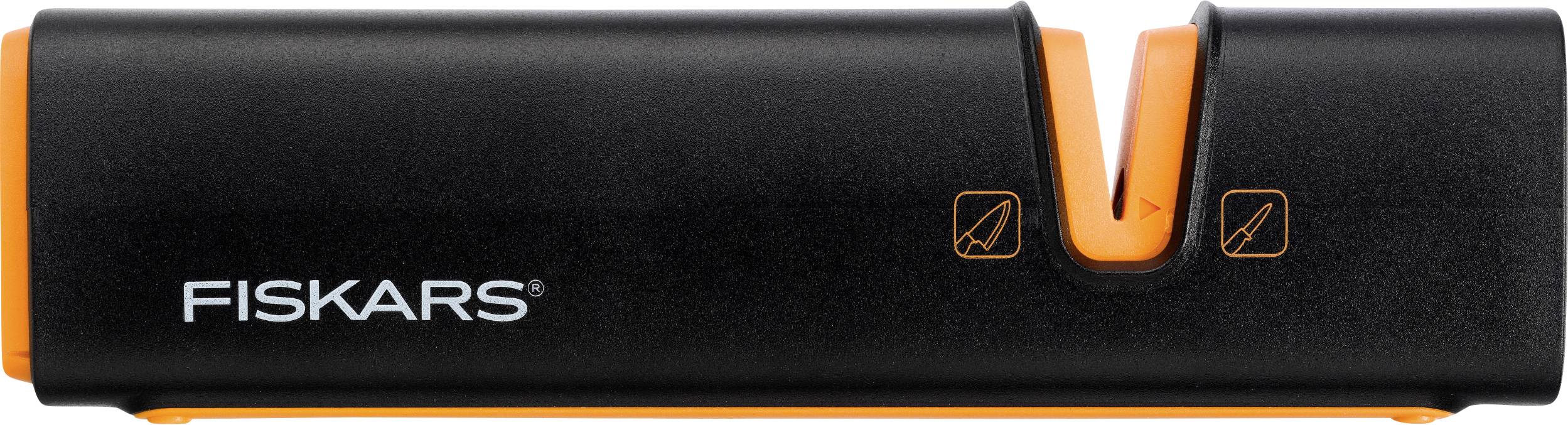 Black Fiskars Knife Sharpener with orange slot, two-stage sharpening, symmetrical design for easy use.