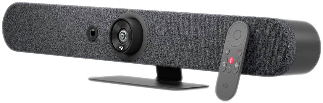 A rectangular video conferencing camera with a wide-angle lens, grey housing, and included remote control.