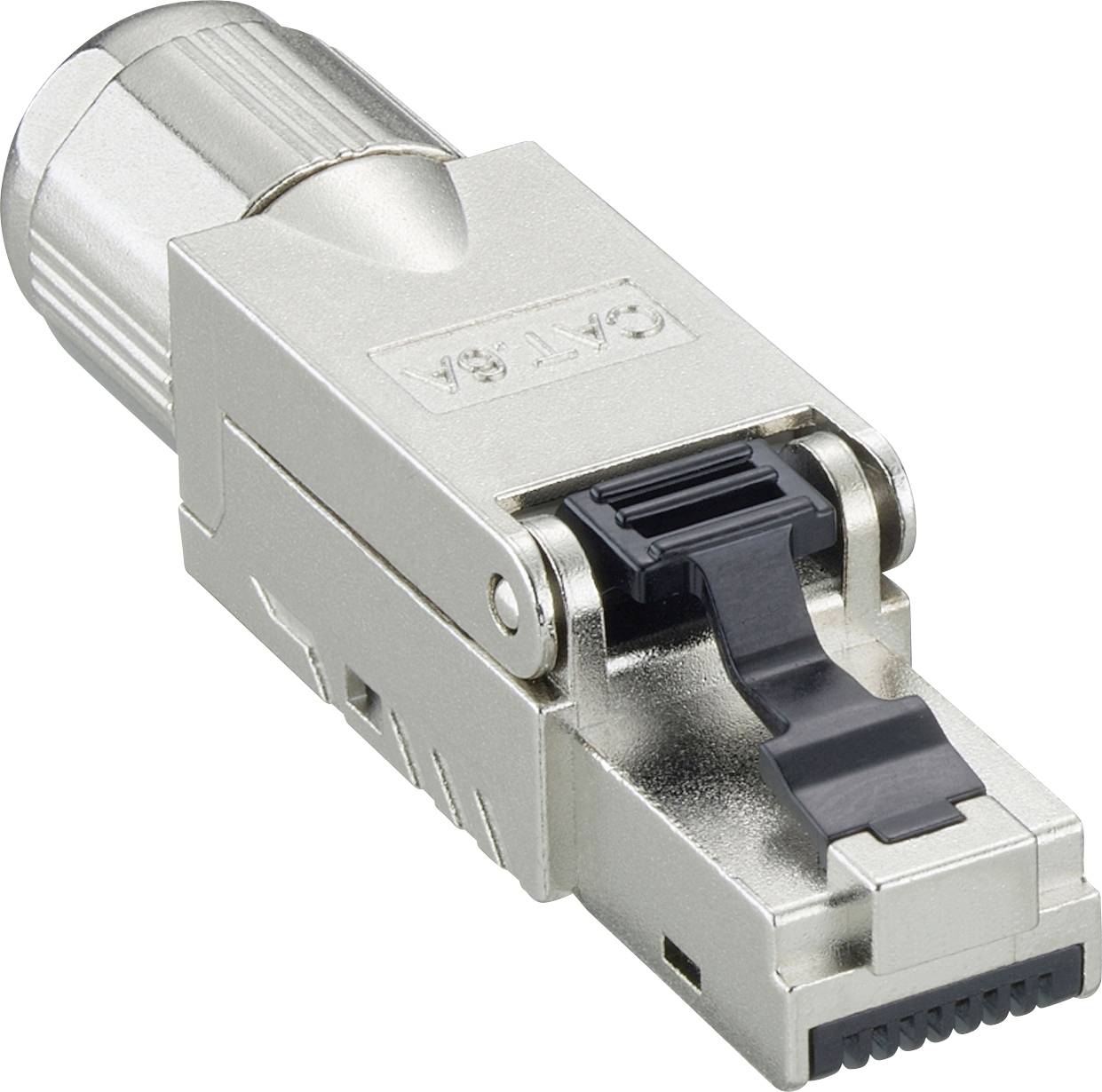 A silver CAT-6A network plug with a black clip, suitable for high data transfer rates in network installations.