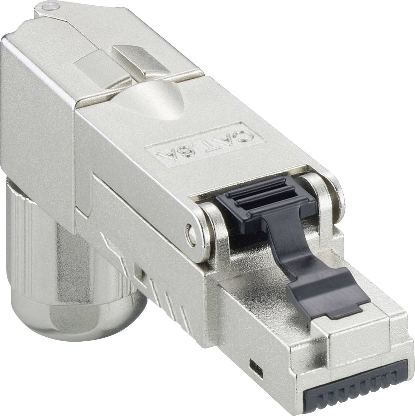 A silver, shielded CAT 6A network plug with a protective cap, suitable for fast and stable Ethernet connections.