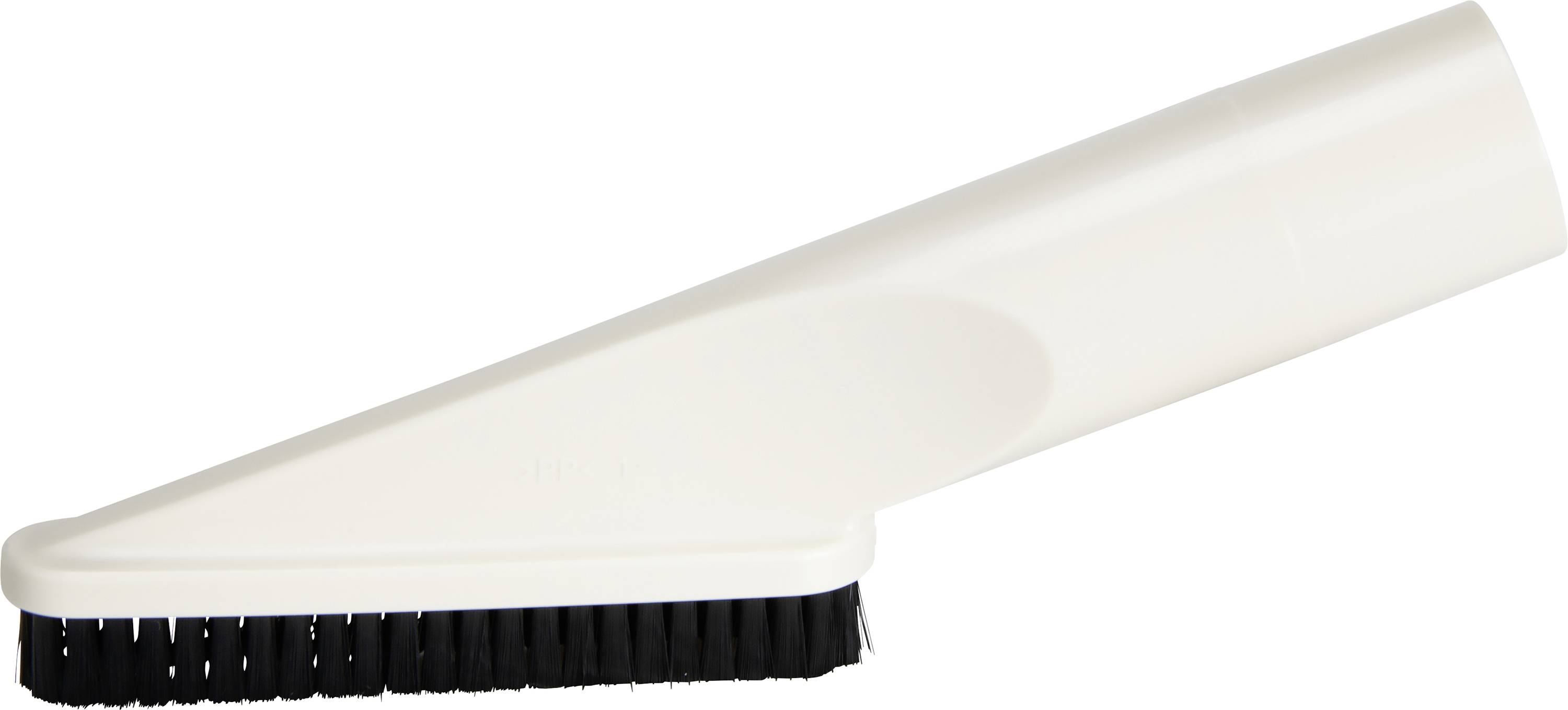 White vacuum cleaner nozzle with black bristles, designed for cleaning narrow or hard-to-reach areas.