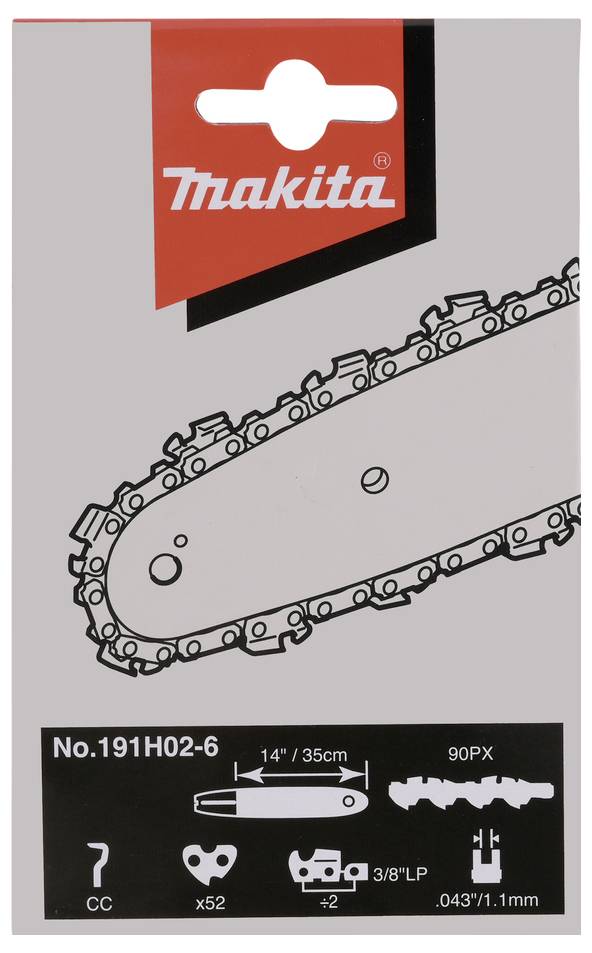 A package of a 14-inch Makita chainsaw chain, model 191H02-6, with specifications: 90PX, 3/8