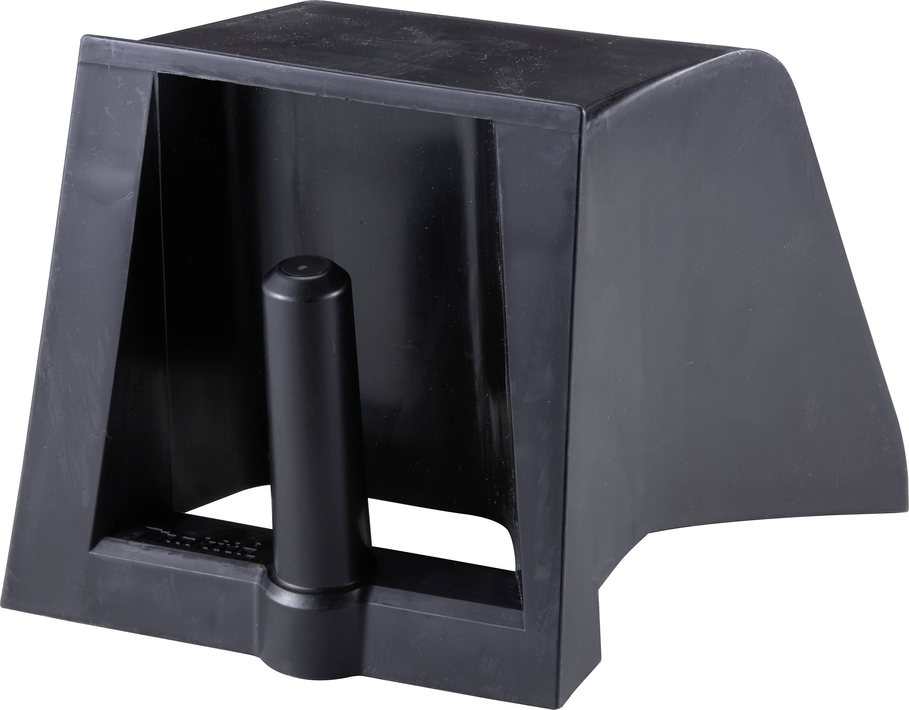 Black, rectangular plastic stand with a rounded handle on the front. Used for holding and carrying structures.