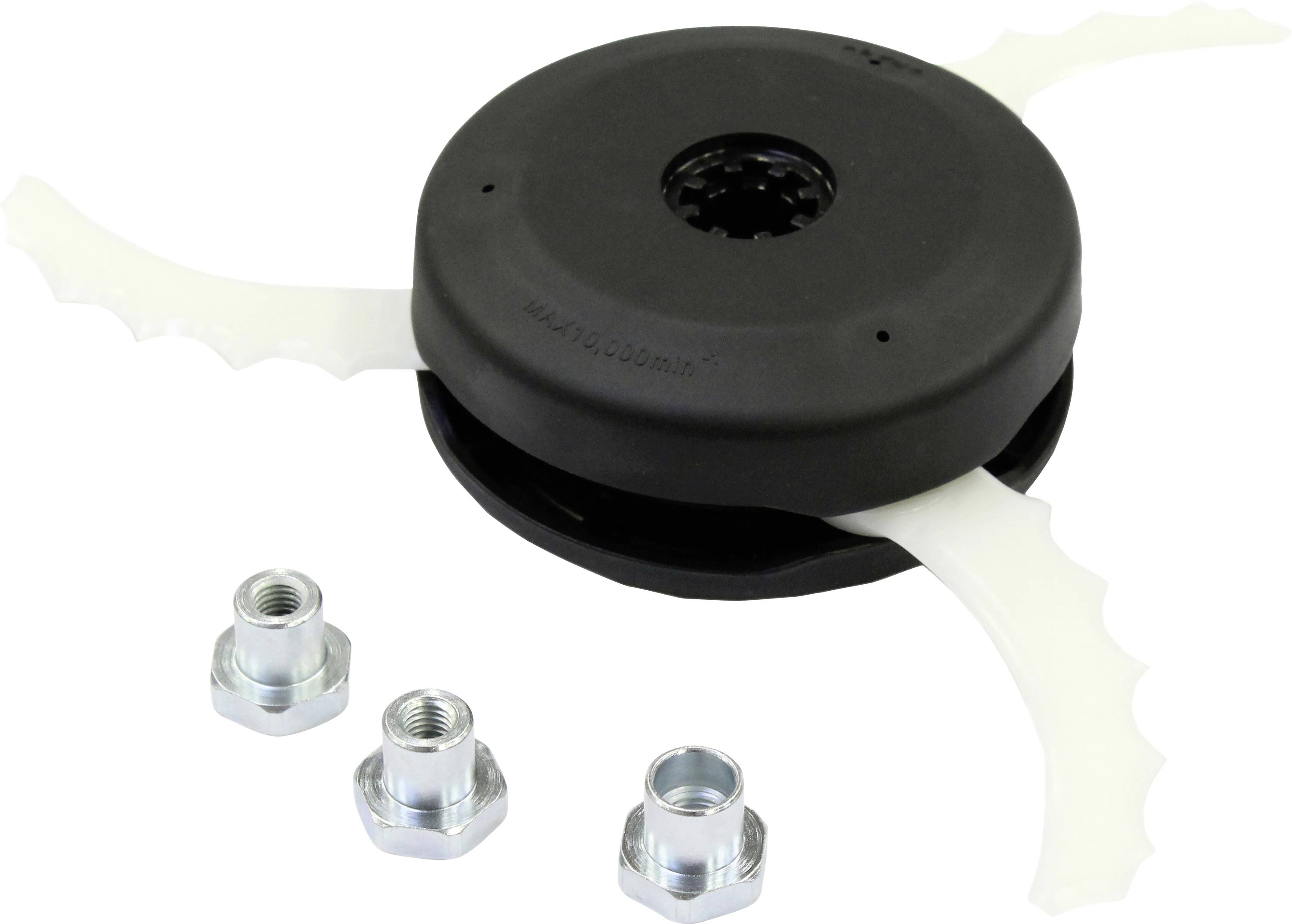 A lawn trimmer head with two blades and three metal nuts. Primarily used for cutting grass or weeds.
