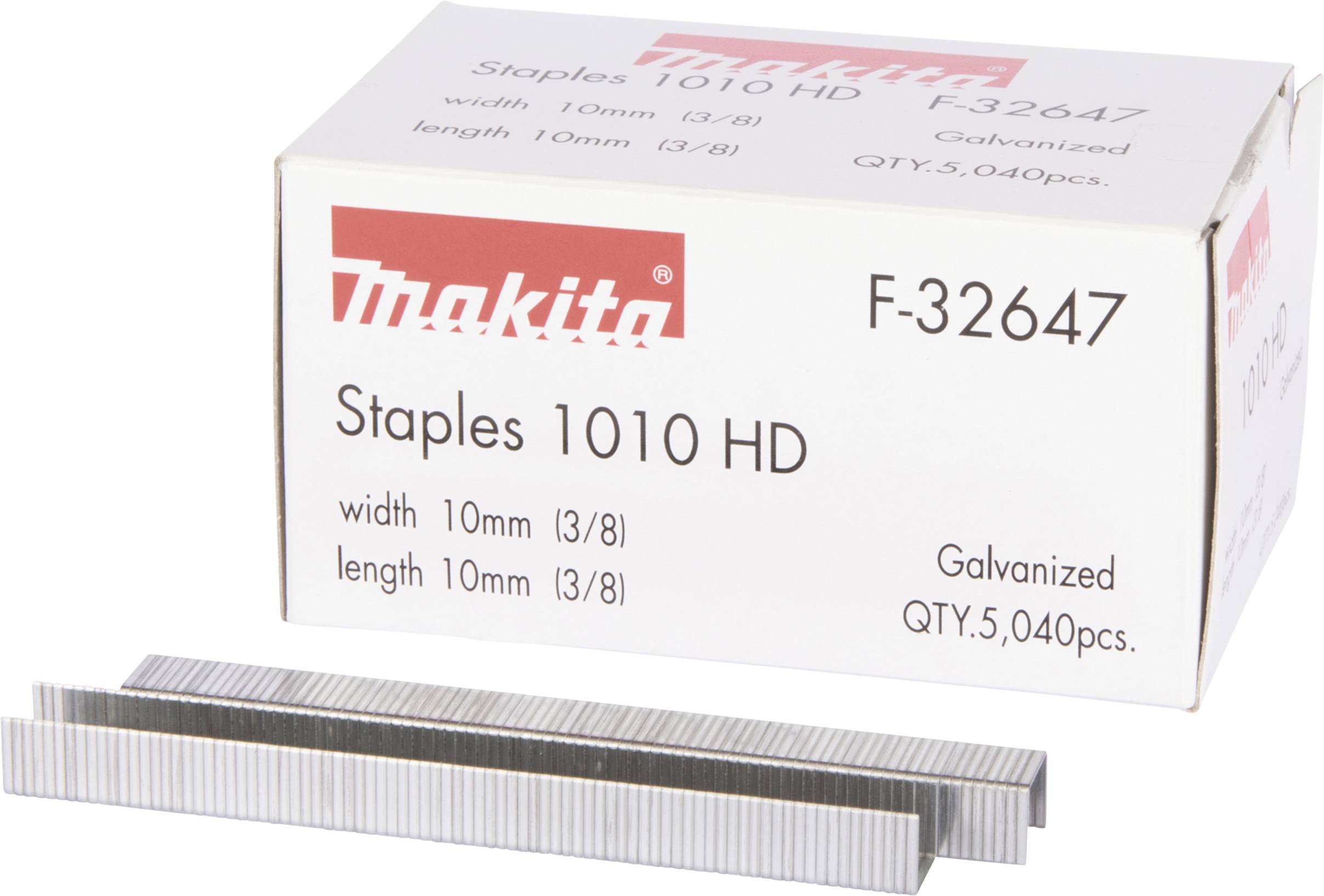 A cardboard box labelled 'Makita Staples 1010 HD, F-32647'. Contains 5,040 galvanised staples, 10 mm wide and long.