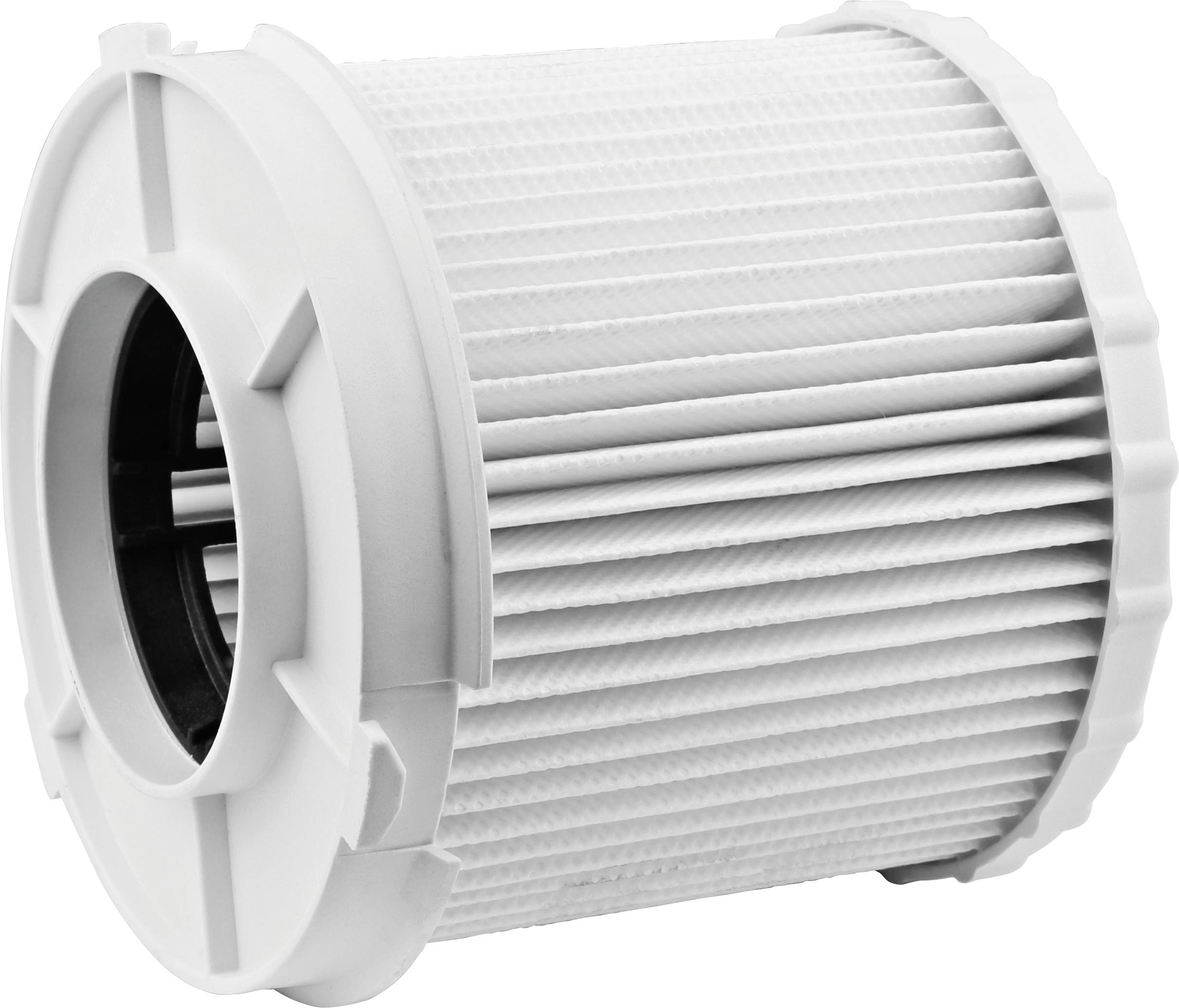 White, cylindrical HEPA filter against a white background, with focus in the centre.
