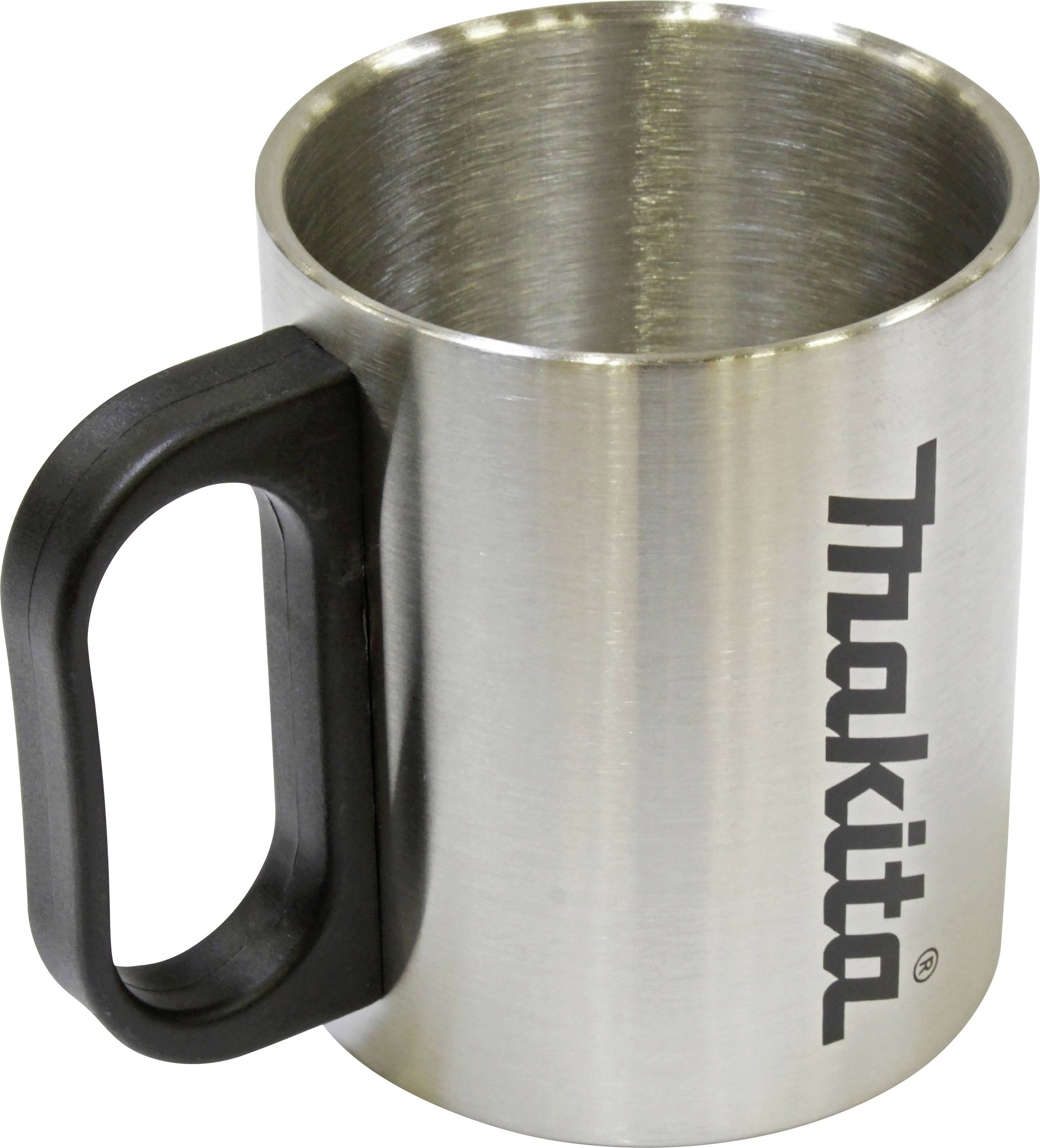 Metal mug with a black handle and 'Makita' logo on the side.