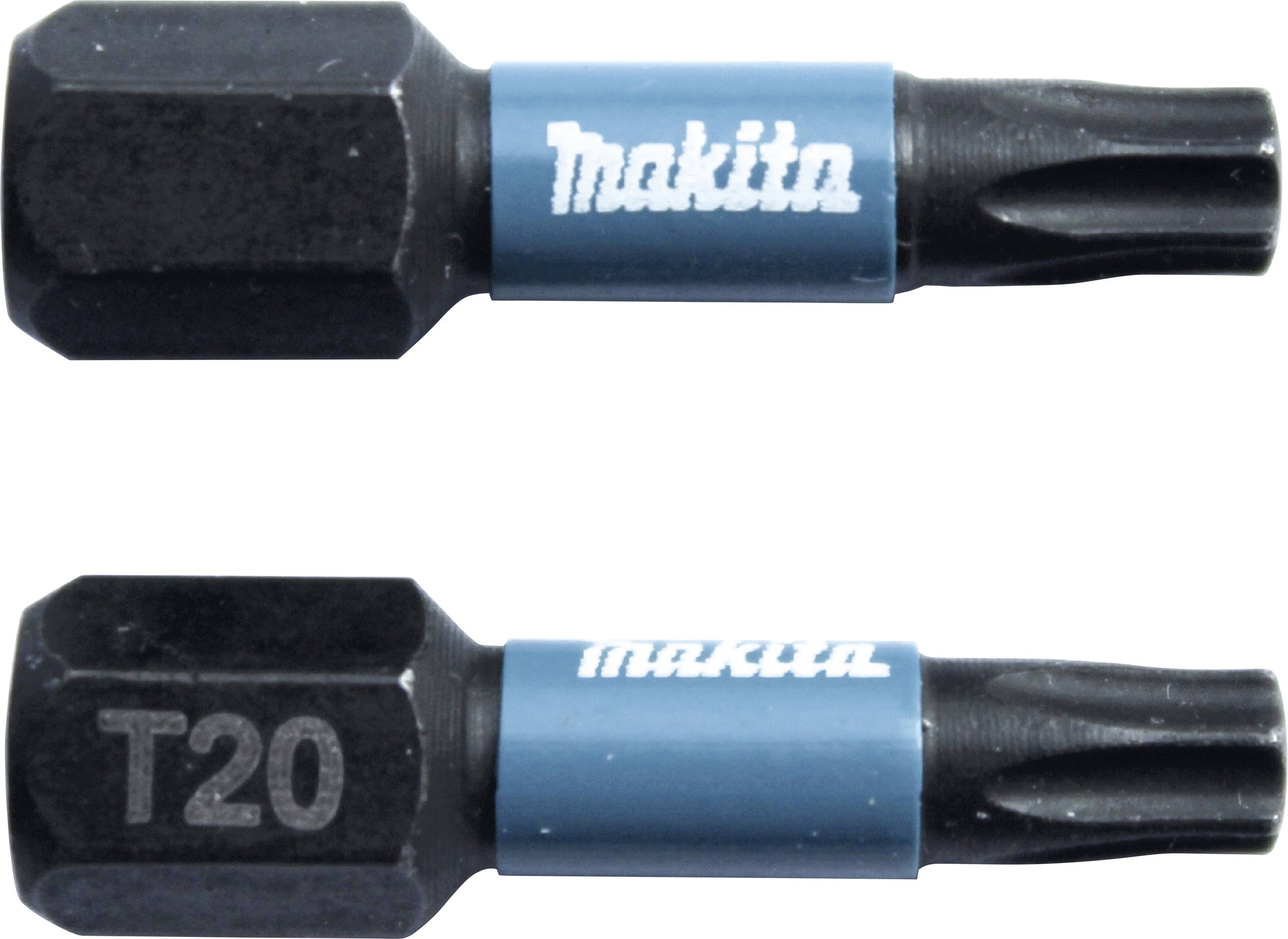 Two Torx bits with blue shafts, one labelled 'Makita', the other 'T20'. They are suitable for screwdrivers.
