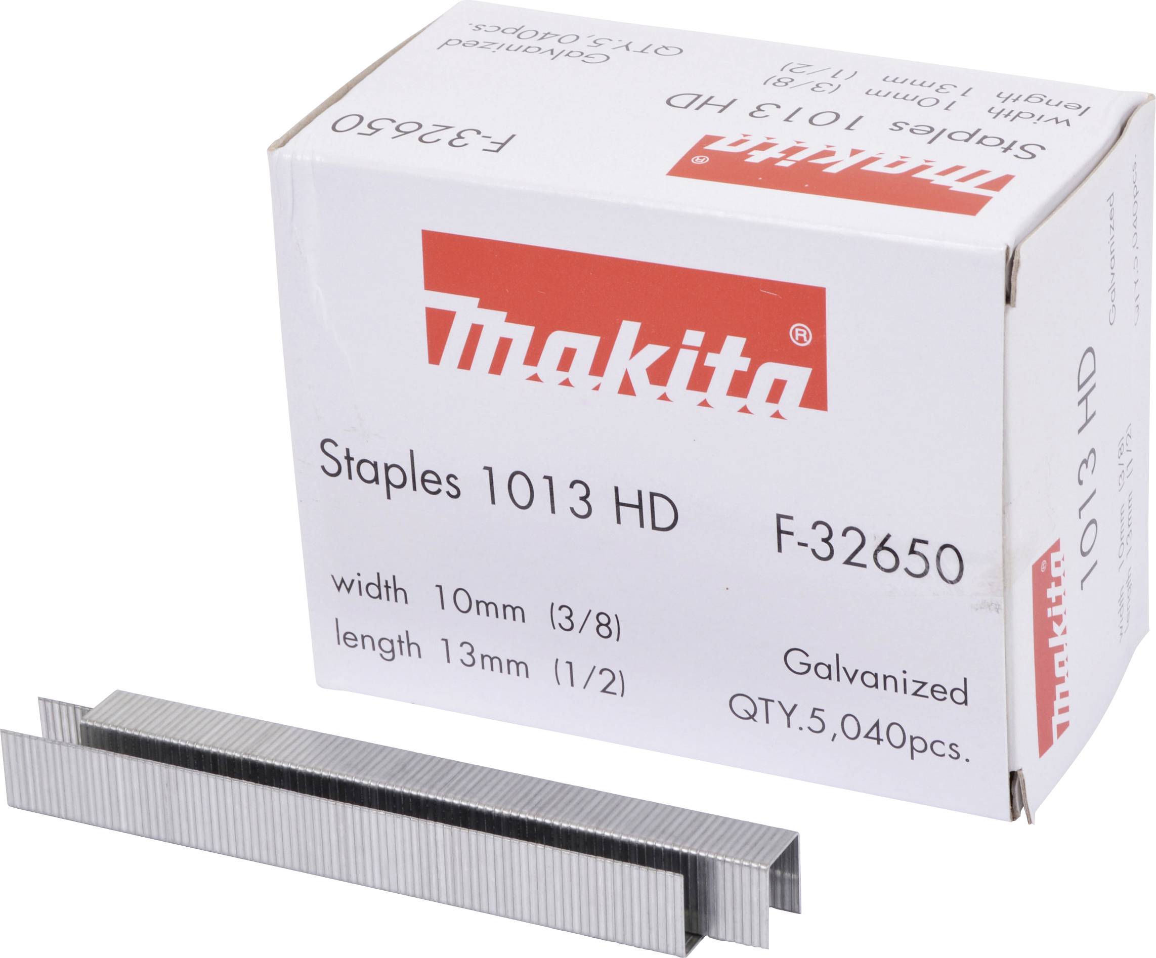 A box of Makita staples 1013 HD. Pictured are dimensions of 10 mm width and 13 mm length. Contains 5,040 pieces.