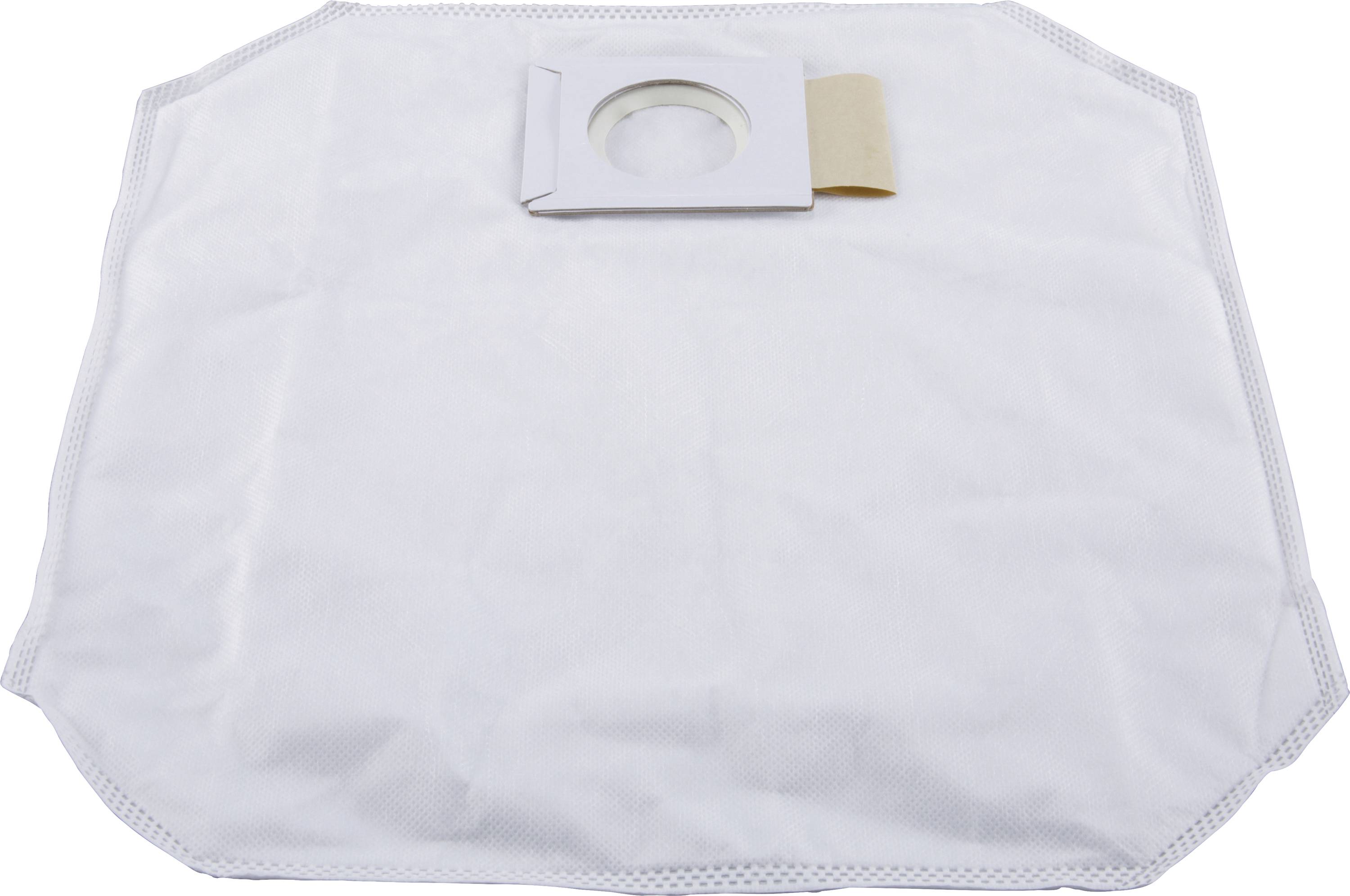 A rectangular vacuum cleaner bag made of white non-woven fabric with a round connecting hole in the centre.