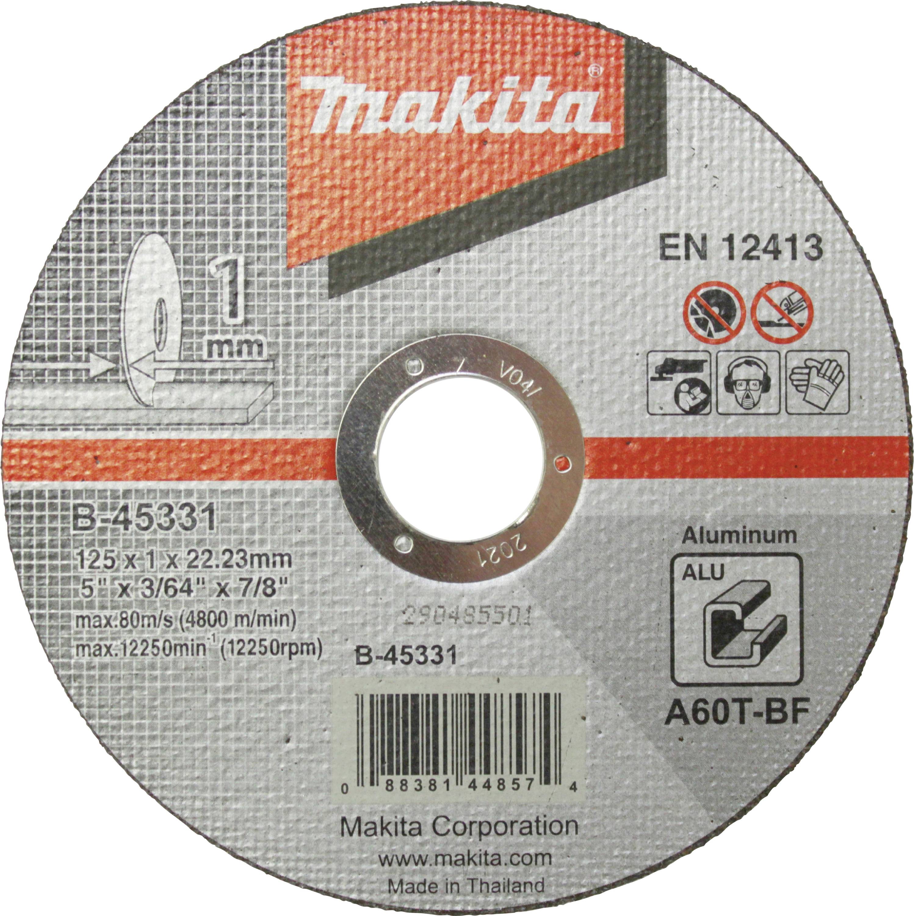 Makita grinding disc, model number B-45331, labelled for aluminium, 125 mm diameter, 1 mm thick, manufactured in Thailand.