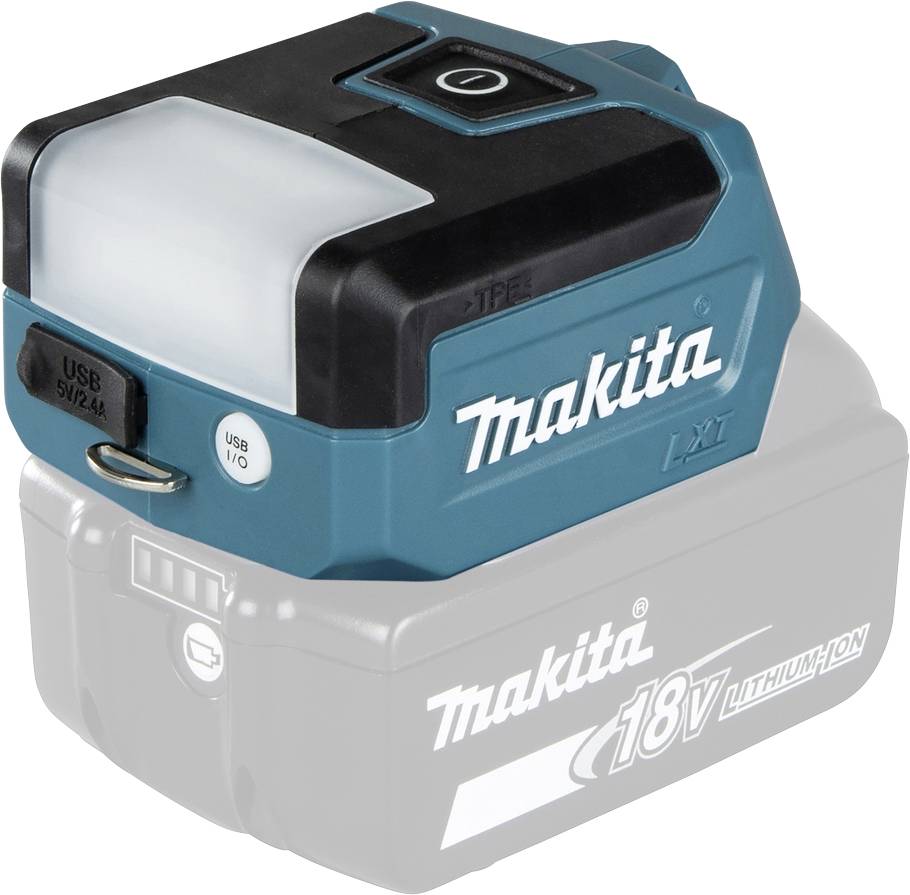 A portable, blue-black Makita LED light with USB port. It is mounted on a grey 18V lithium-ion battery.